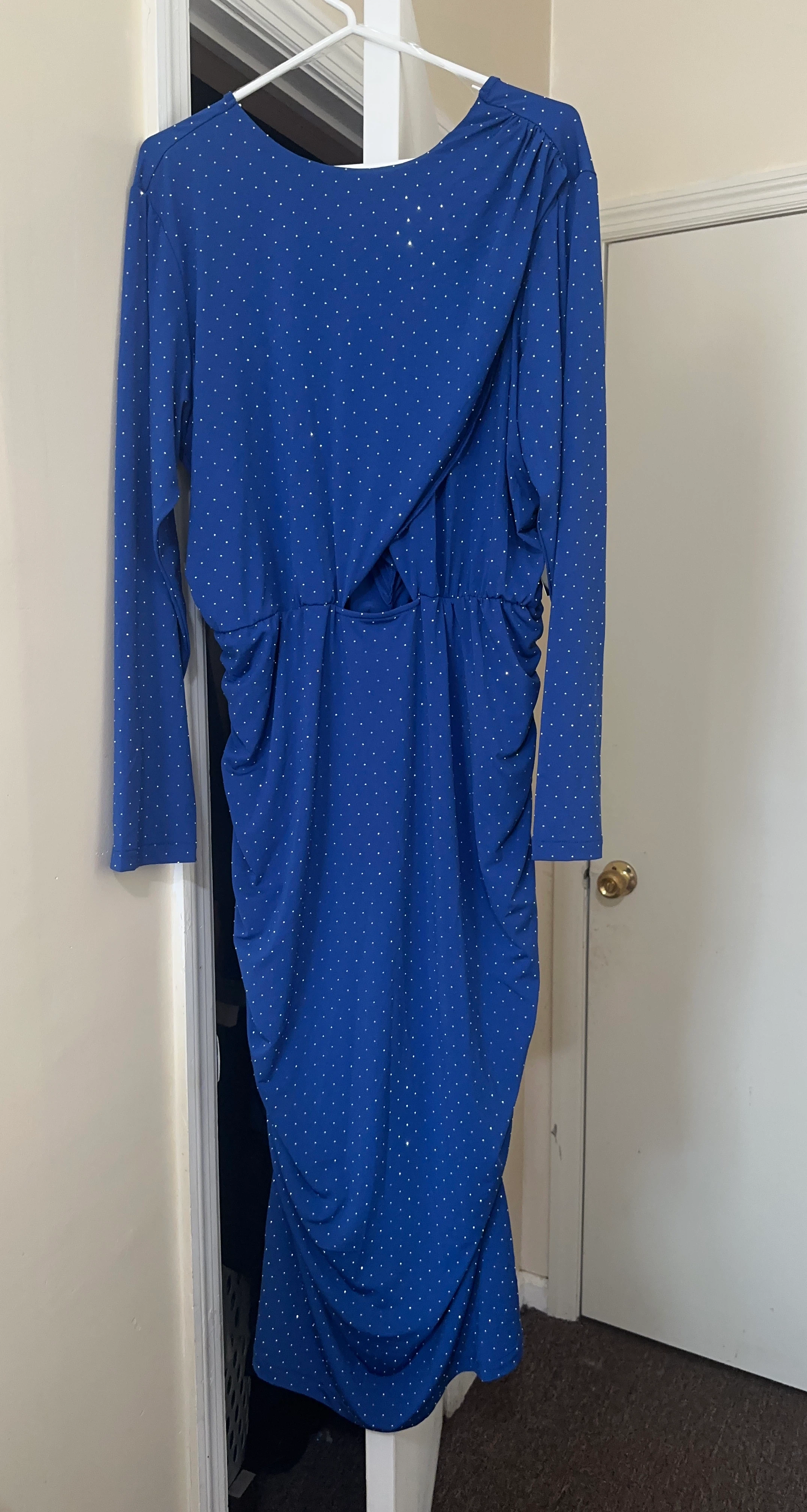 Blue Rhinestone Ruched Midi Dress