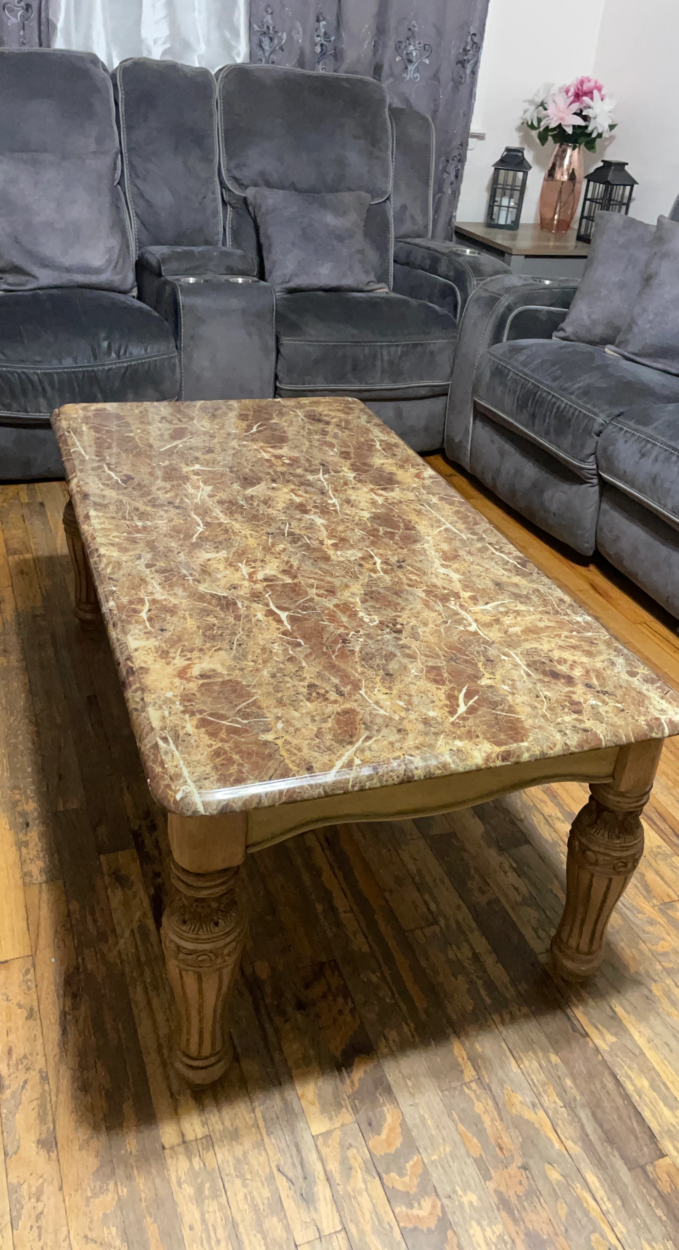 Marble Top Coffee Table with Carved Legs