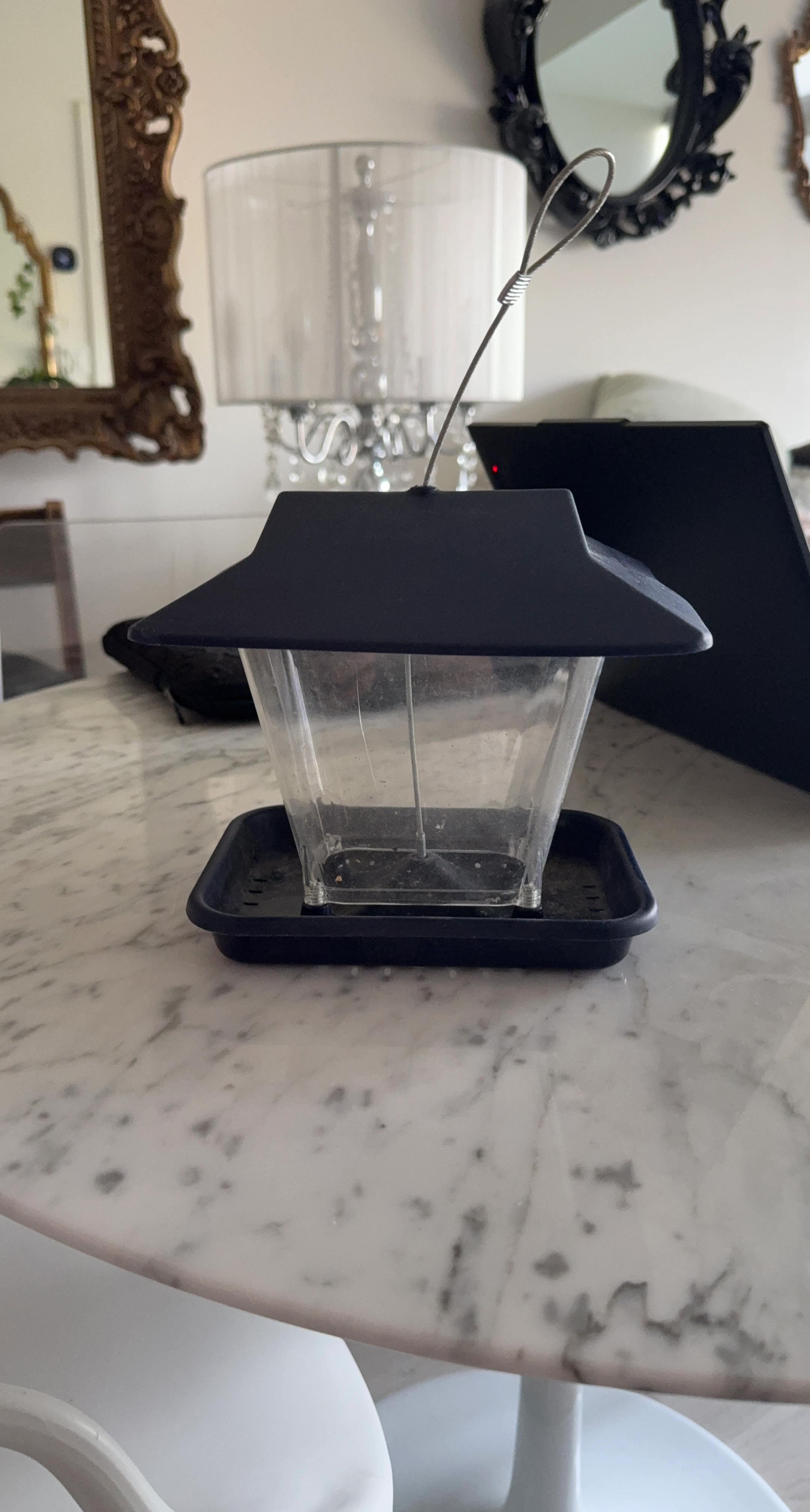 Clear plastic bird feeder with black roof