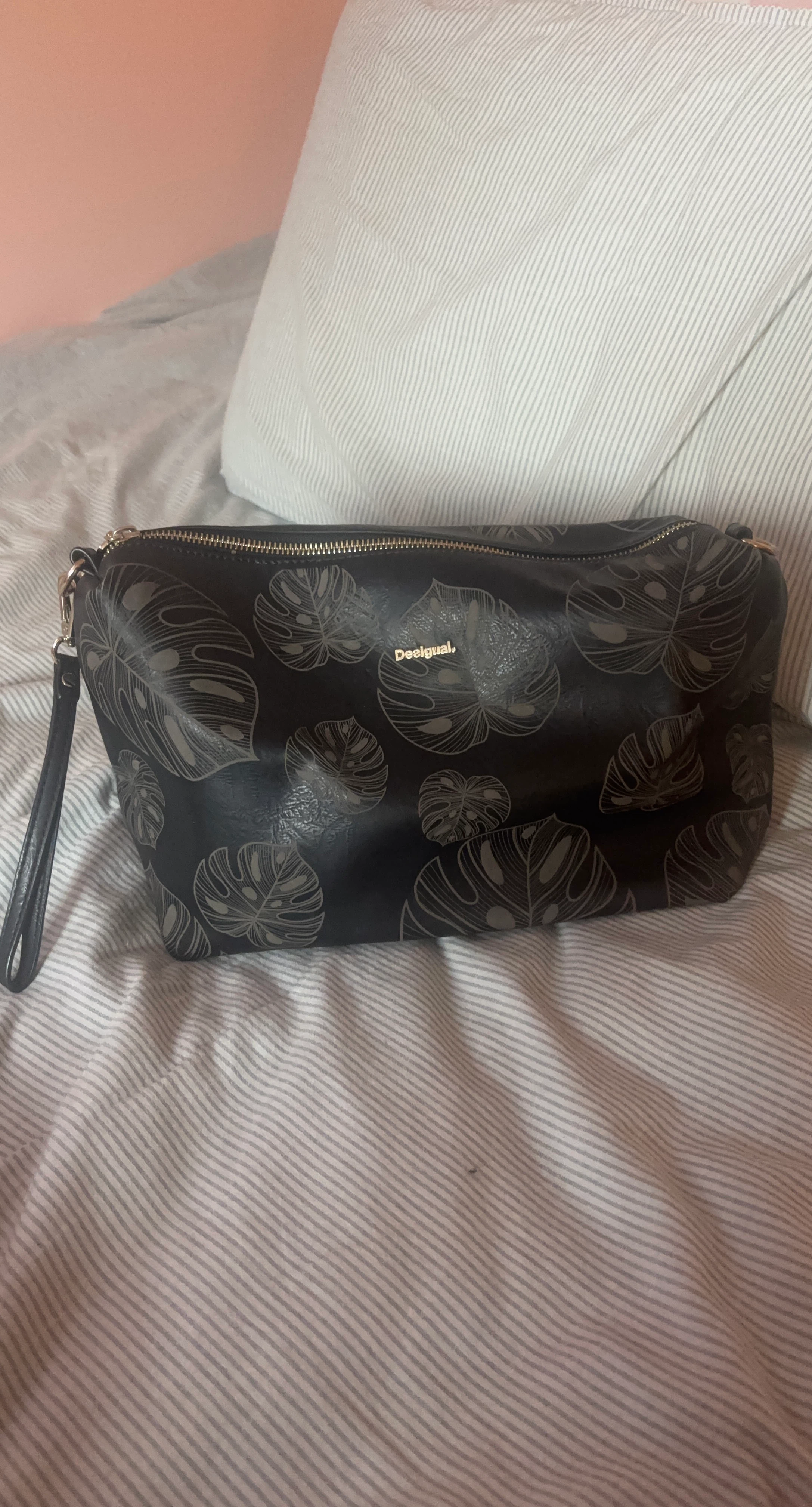 Desigual Black Leaf Print Cosmetic Bag