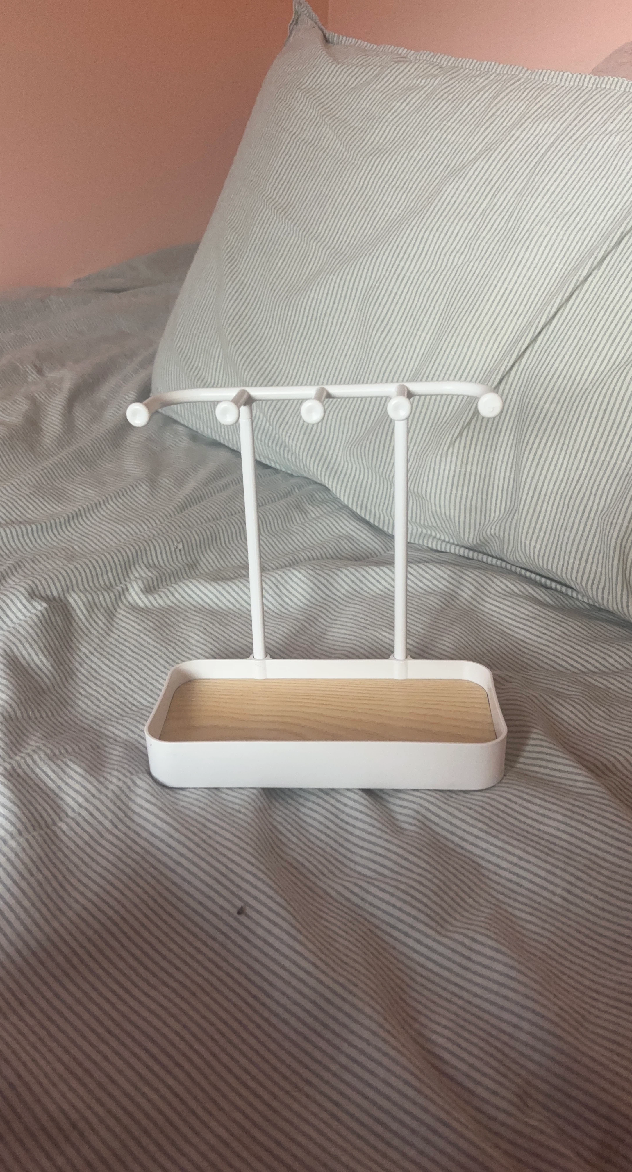 White Jewelry Stand with Wooden Tray