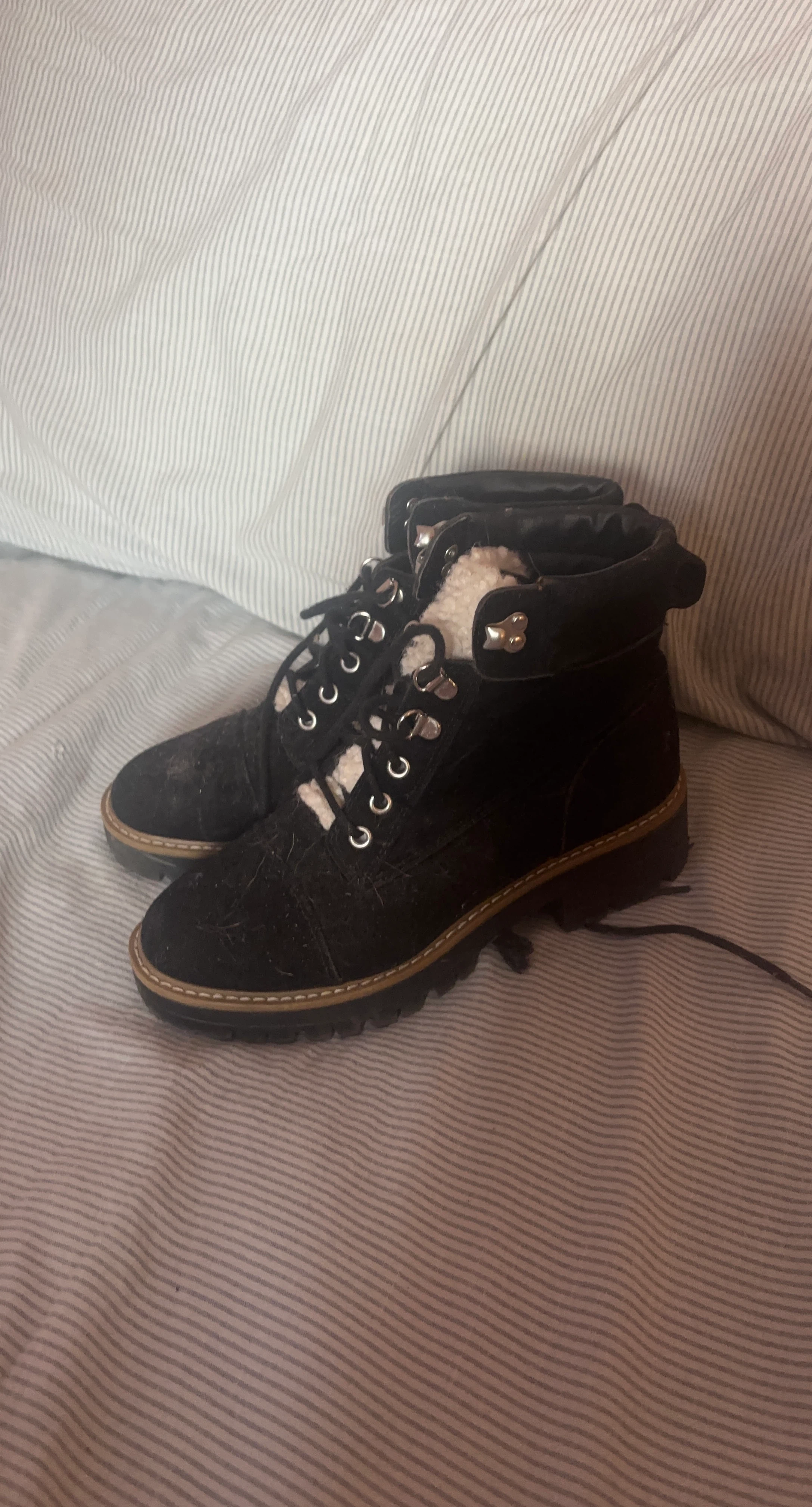Black Lace-Up Faux Fur Lined Boots