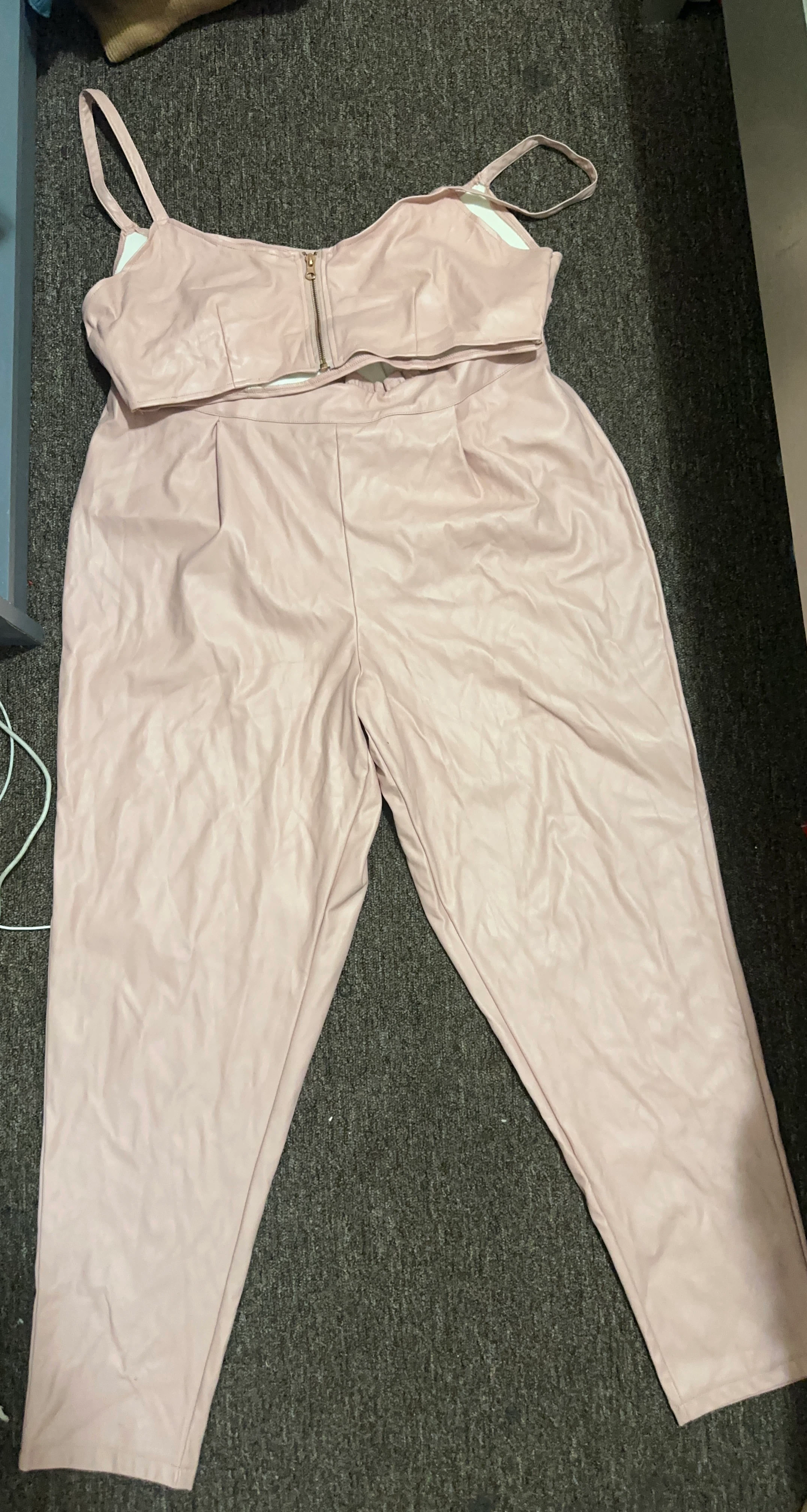 Plus sized Pink Faux Leather Crop Top and Pants Set