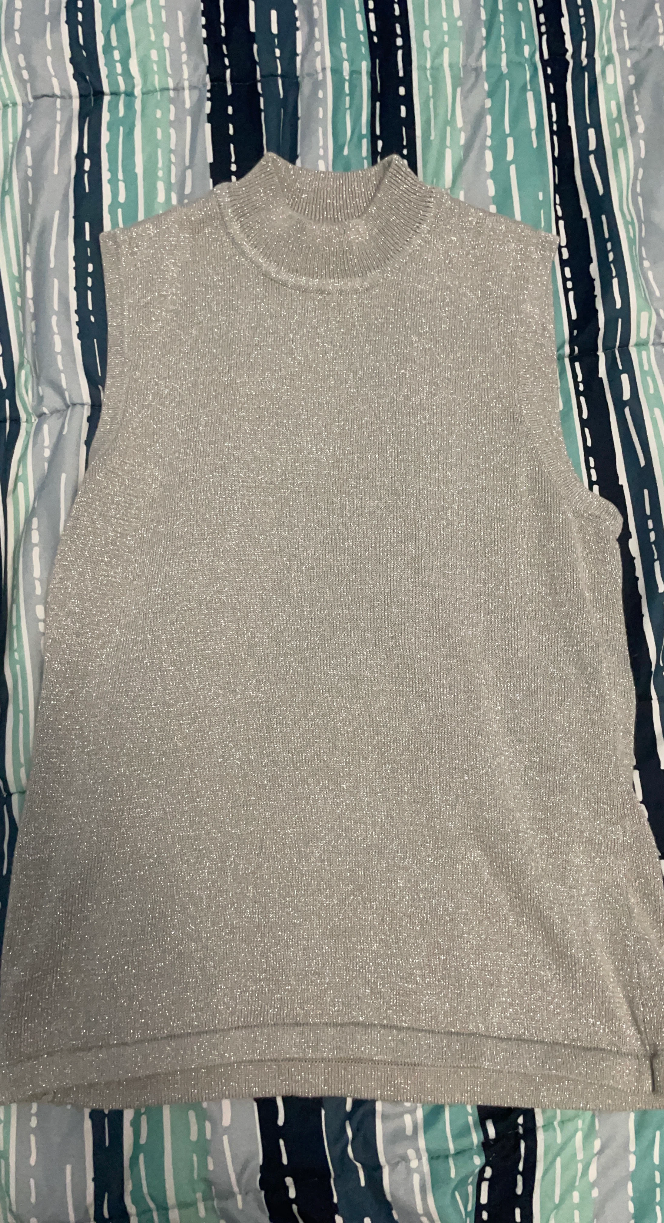 Sparkly Silver Sleeveless Mock Neck Top
