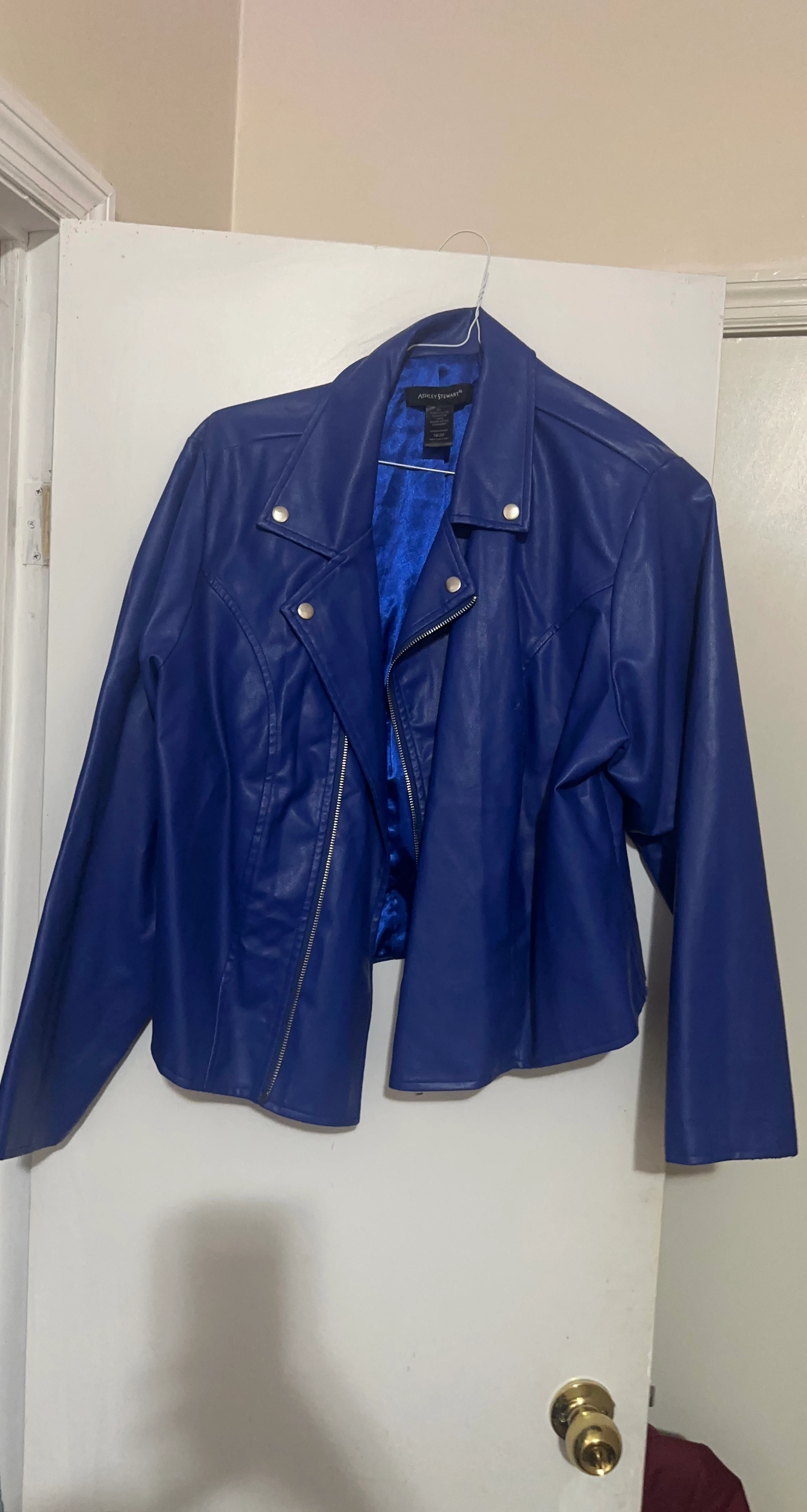 Ashley Stewart Blue Faux Leather Biker Jacket