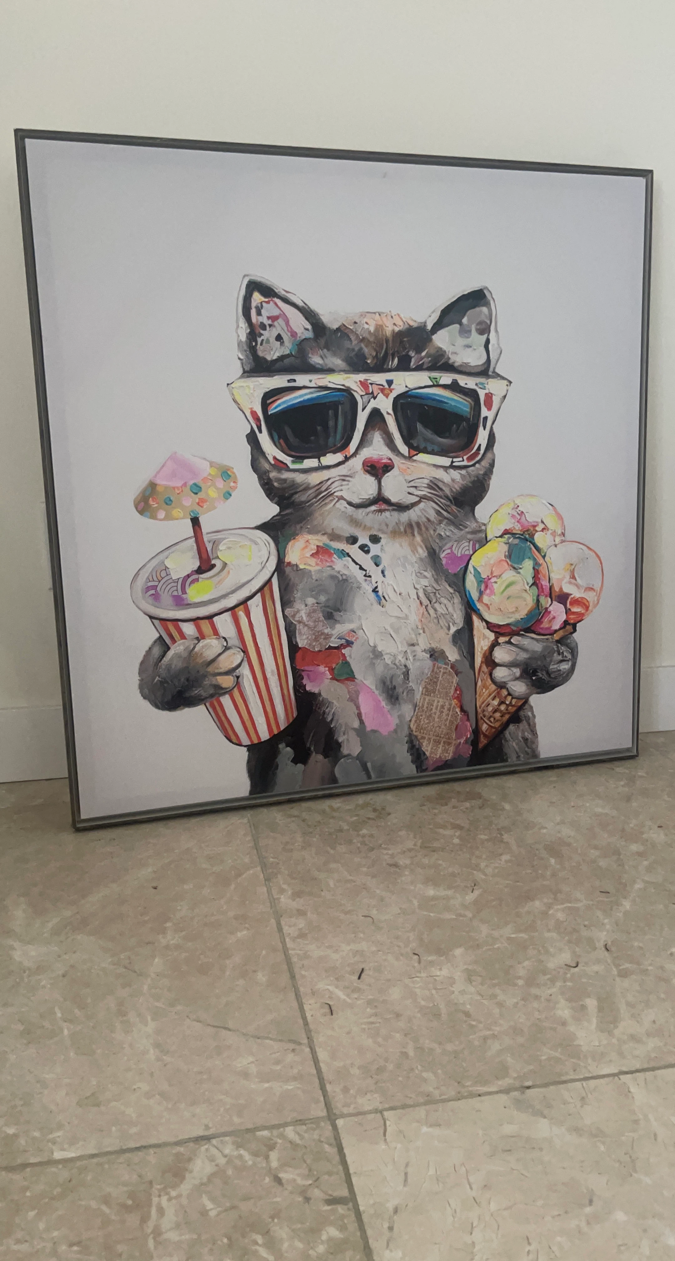 Framed Art Print - Cat with Sunglasses, Ice Cream & Drink