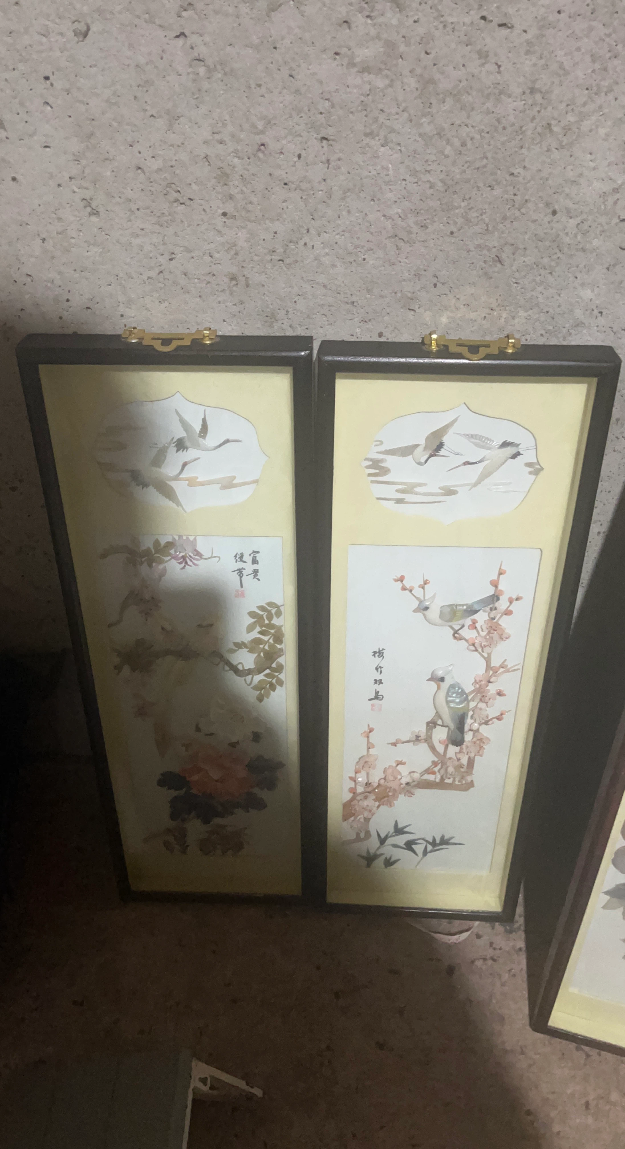 Framed Asian Art Panels with Birds and Flowers