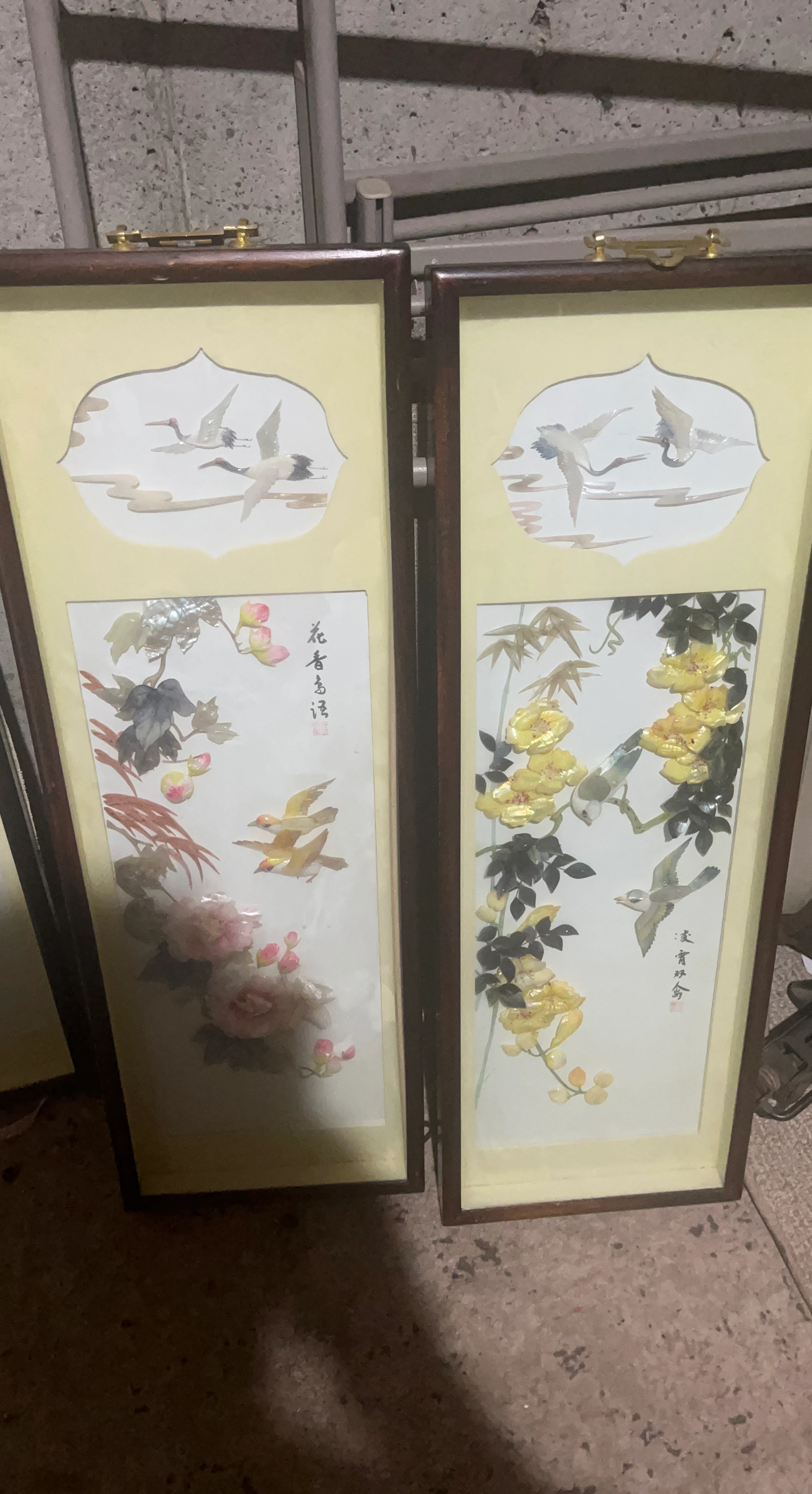 Pair of Vintage Inlaid Bird and Flower Wall Art