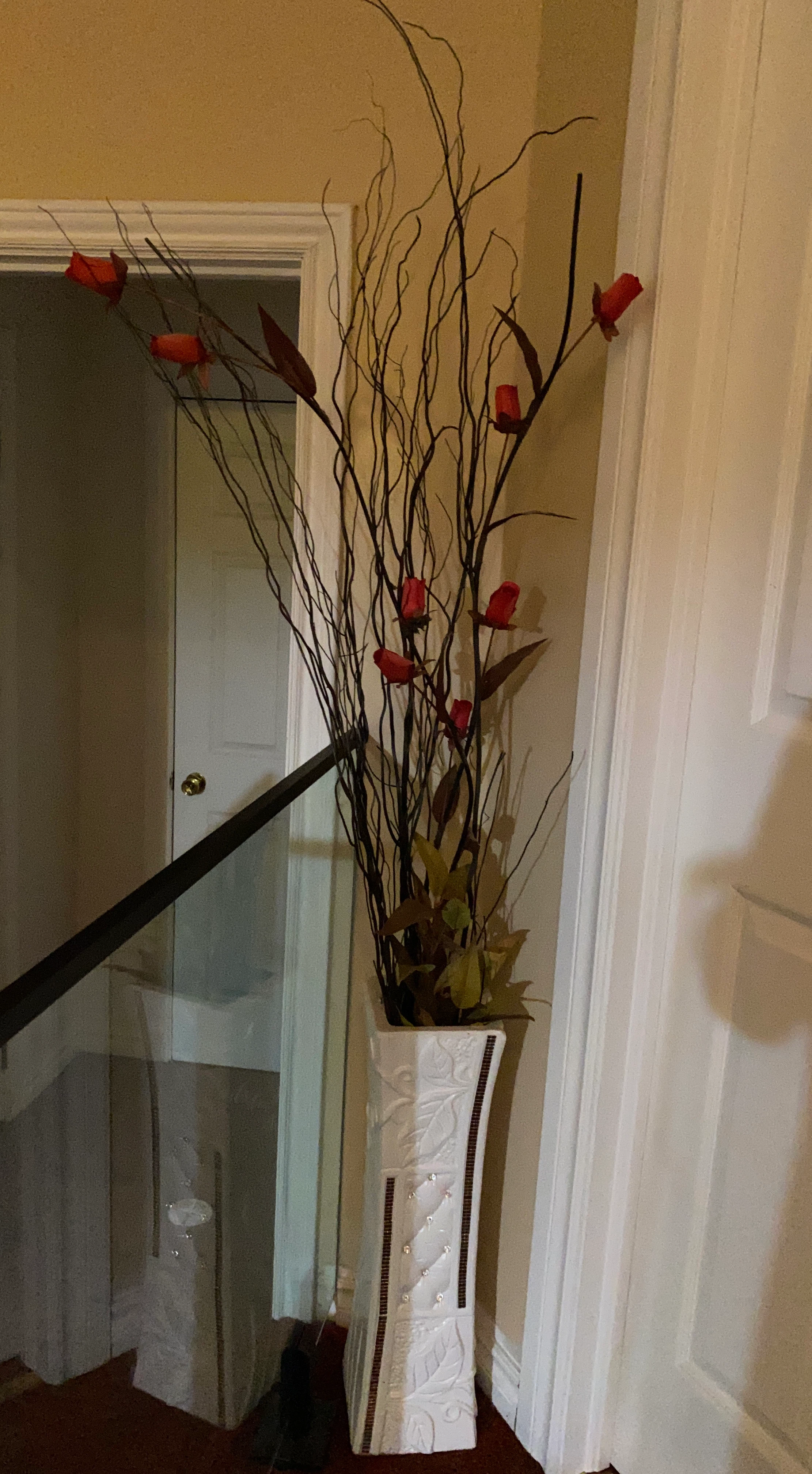 Tall Decorative Vase with Branches and Red Flowers