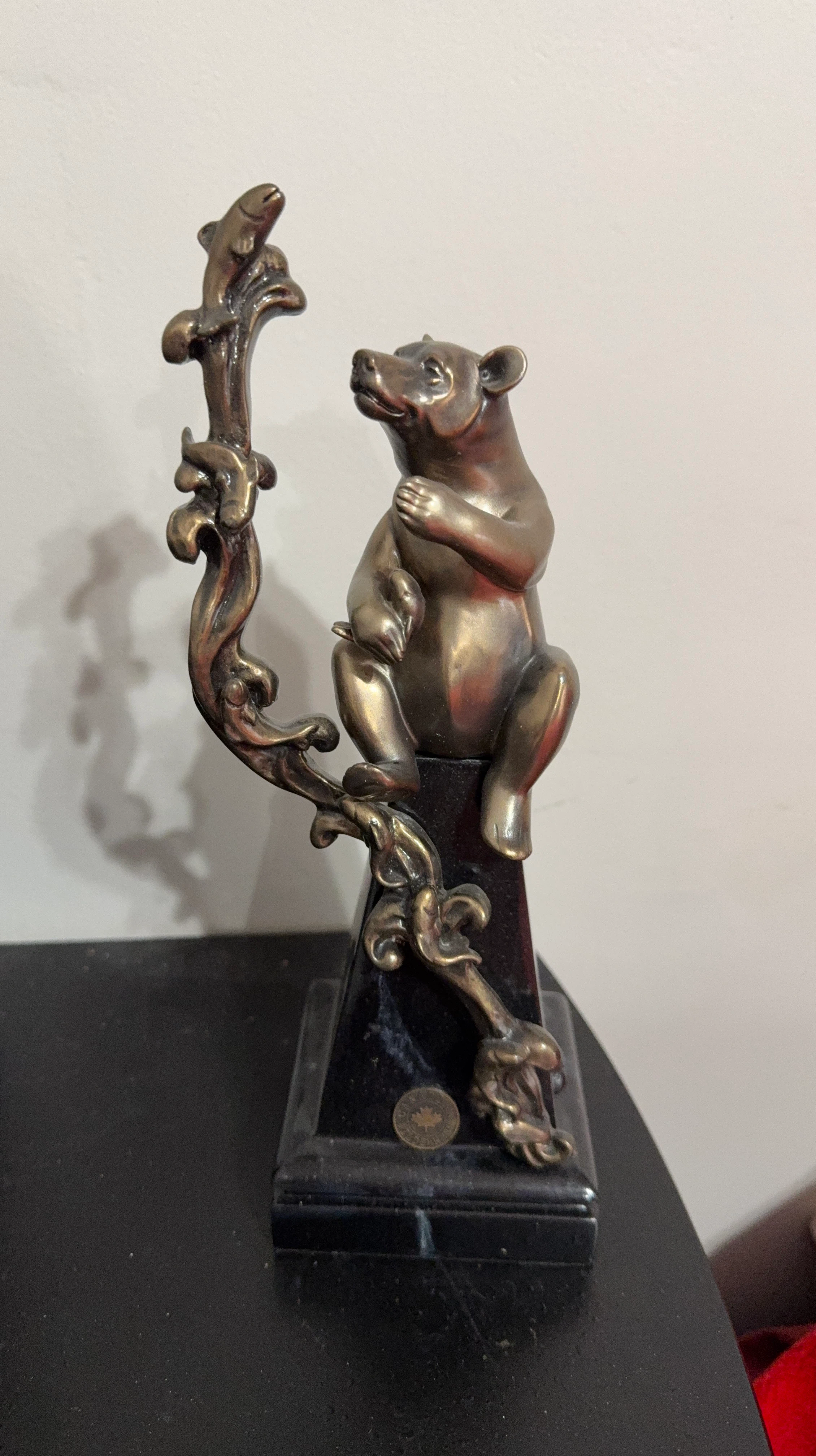 Bronze Bear and Fish Figurine on Marble Base