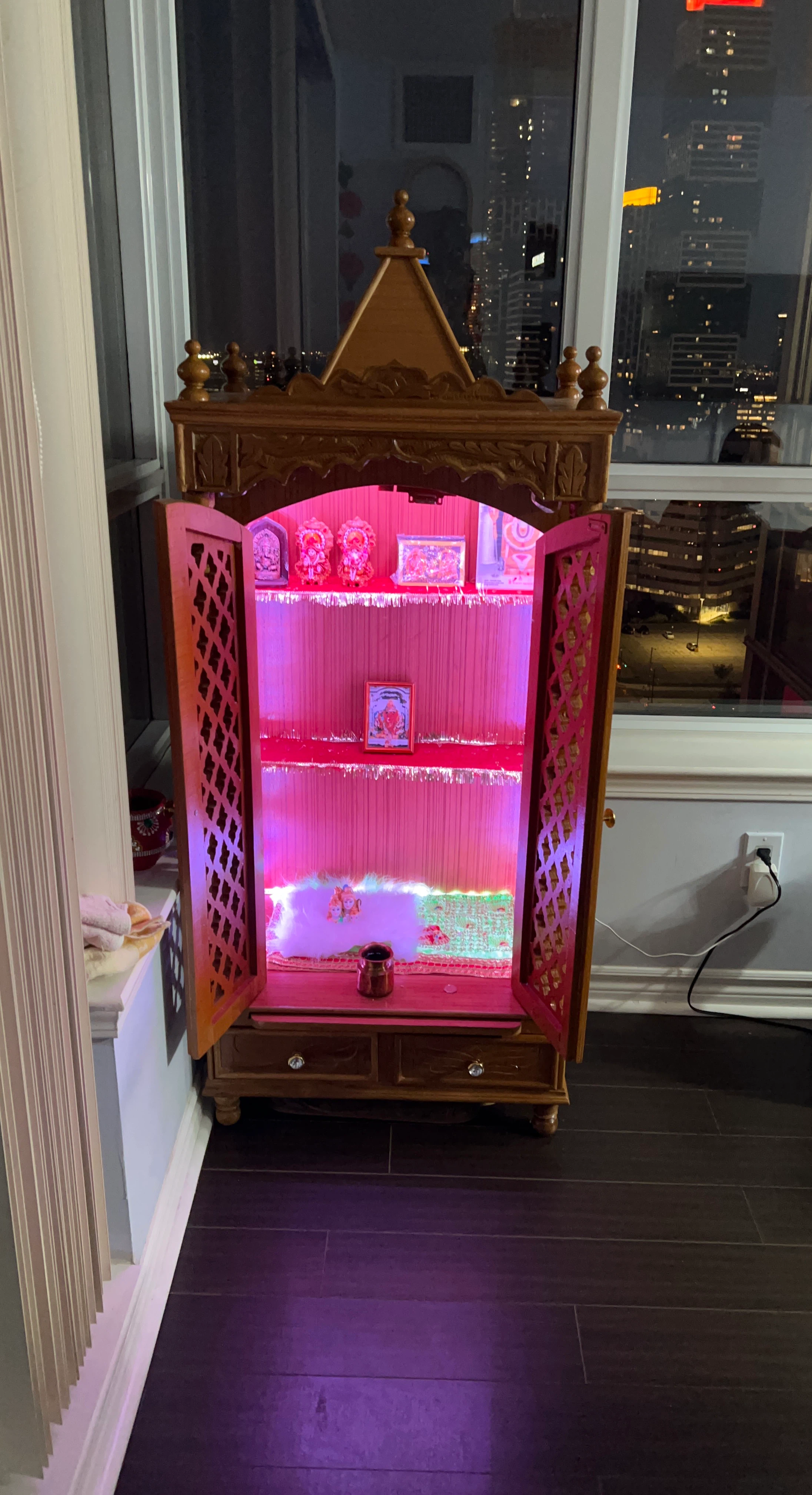 Wooden Pooja Mandir Temple Cabinet with LED lighting