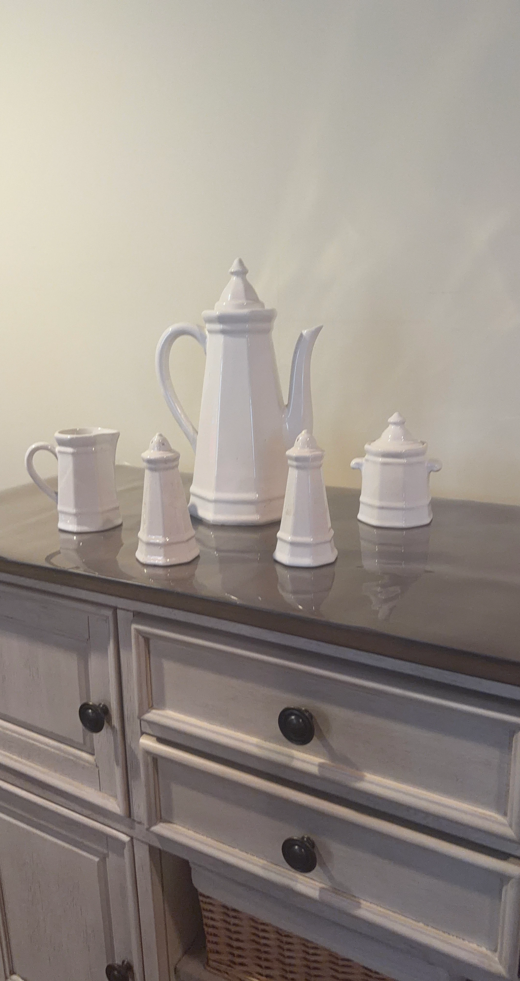 White Ceramic Coffee Pot Set with Salt-Pepper Shakers