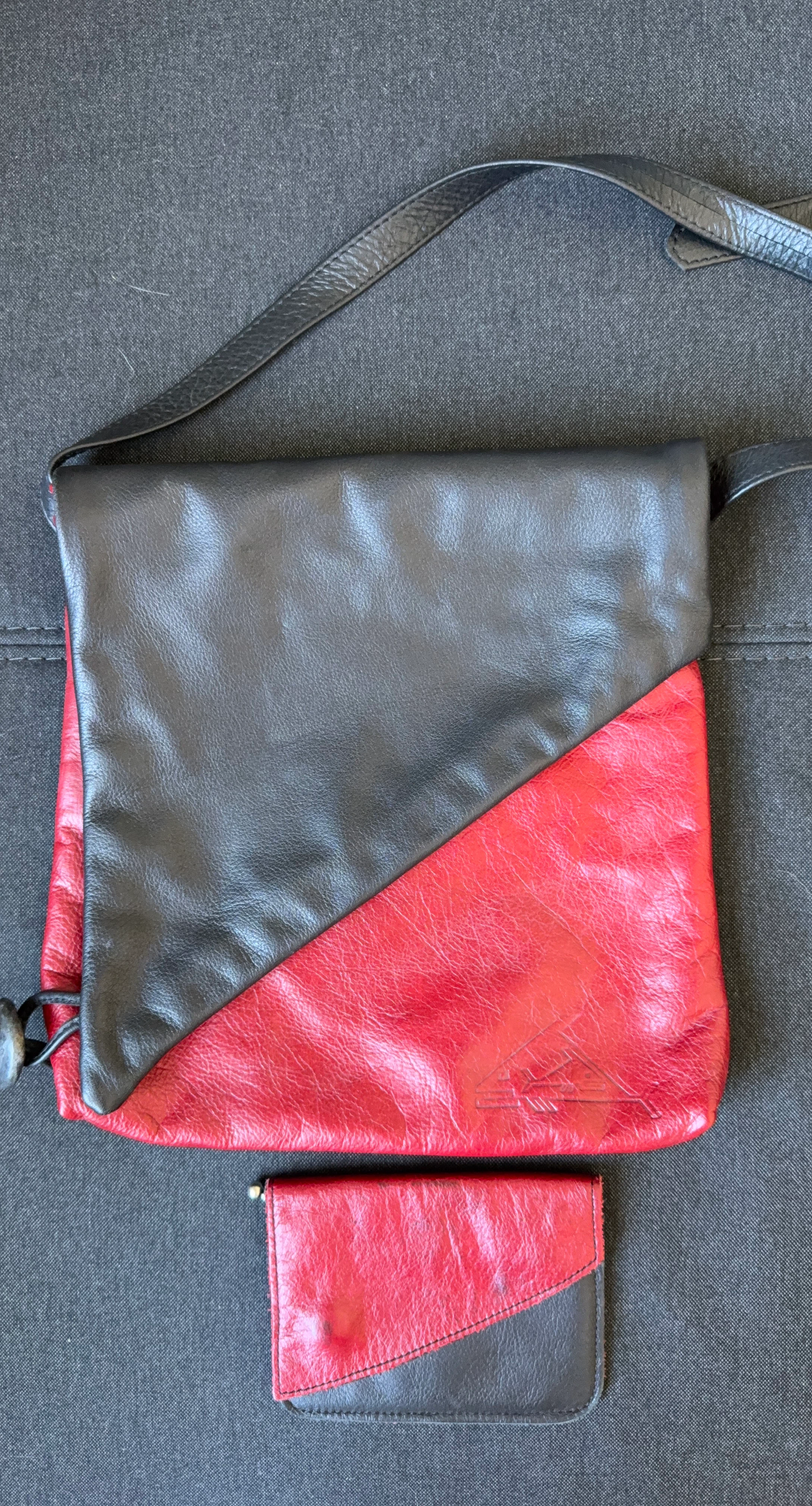 Red and Black Leather Crossbody Bag with Matching Wallet