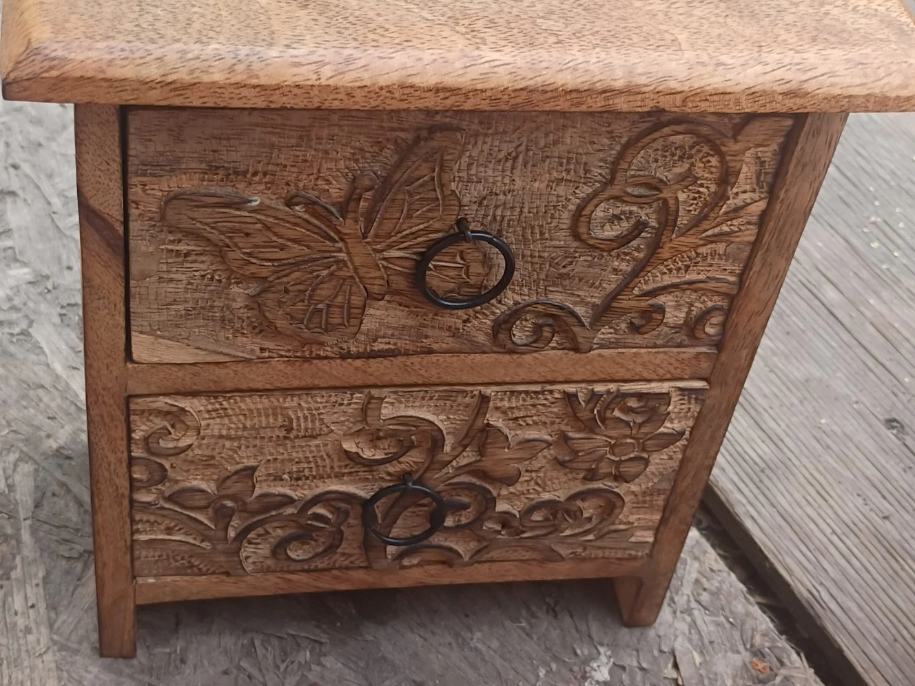 Carved Wooden Jewelry Box with Butterfly and Floral Design