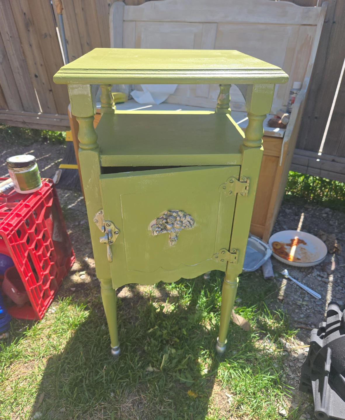 Vintage Green Side Table with Cabinet