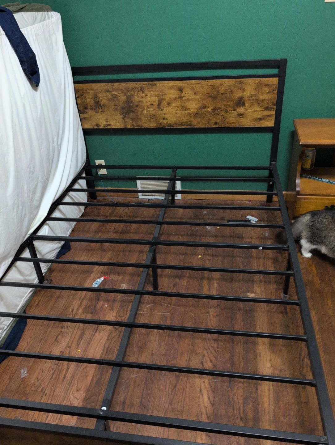 Industrial Style Metal Bed Frame with Wood Headboard