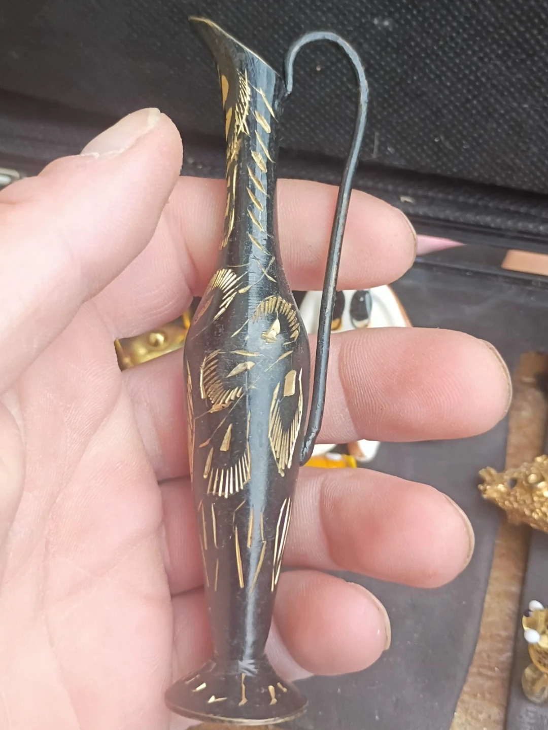 Small Black Decorative Pitcher with Gold Etching