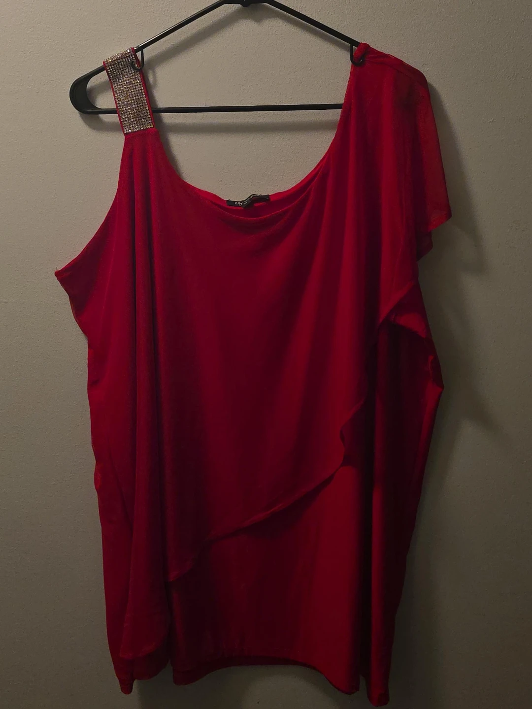 Red One-Shoulder Top with Rhinestone Strap