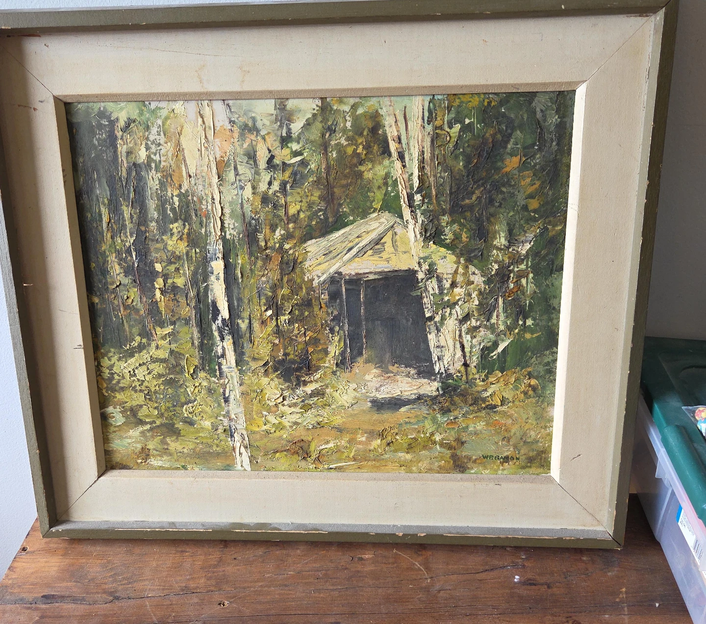 Framed Oil Painting of a Cabin in the Woods
