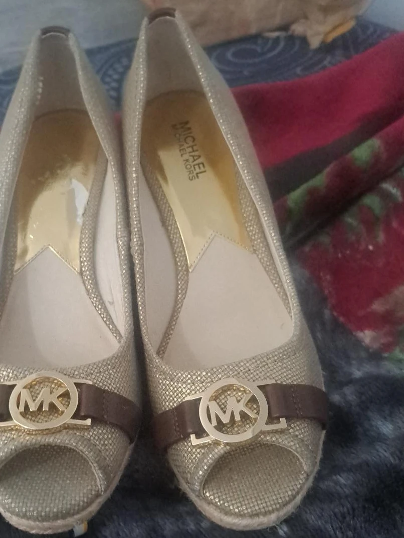Michael Kors Gold Glitter Wedge Espadrille Peep-Toe Heels