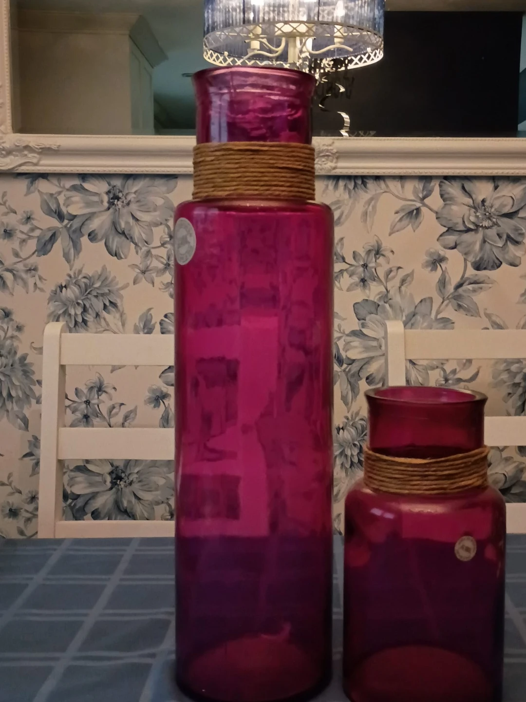 Set of 2 fuchsia  (color) Glass Vases with Rope Detail