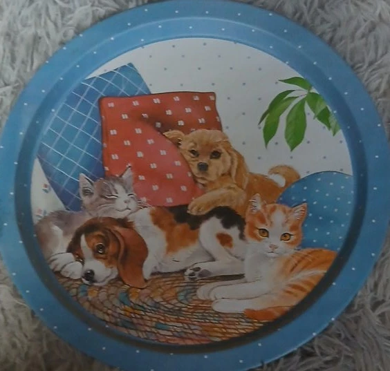 Vintage Decorative Tray with Kittens and Puppies