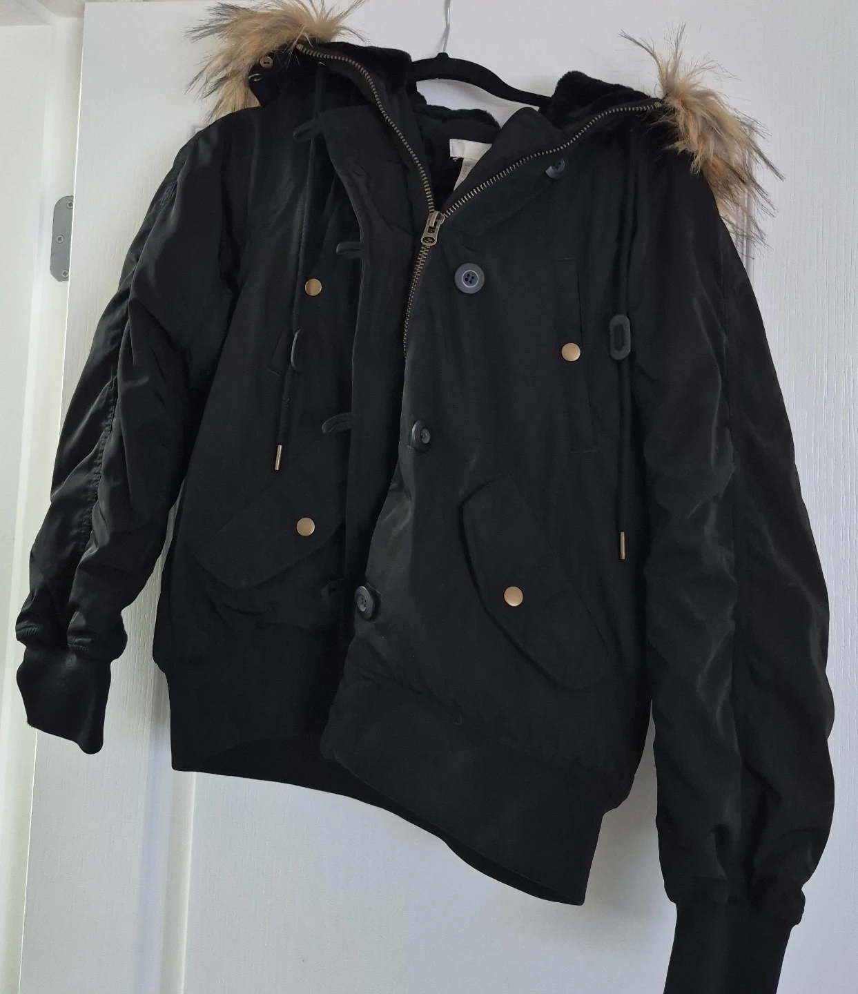 Black Bomber Jacket with Faux Fur Hood