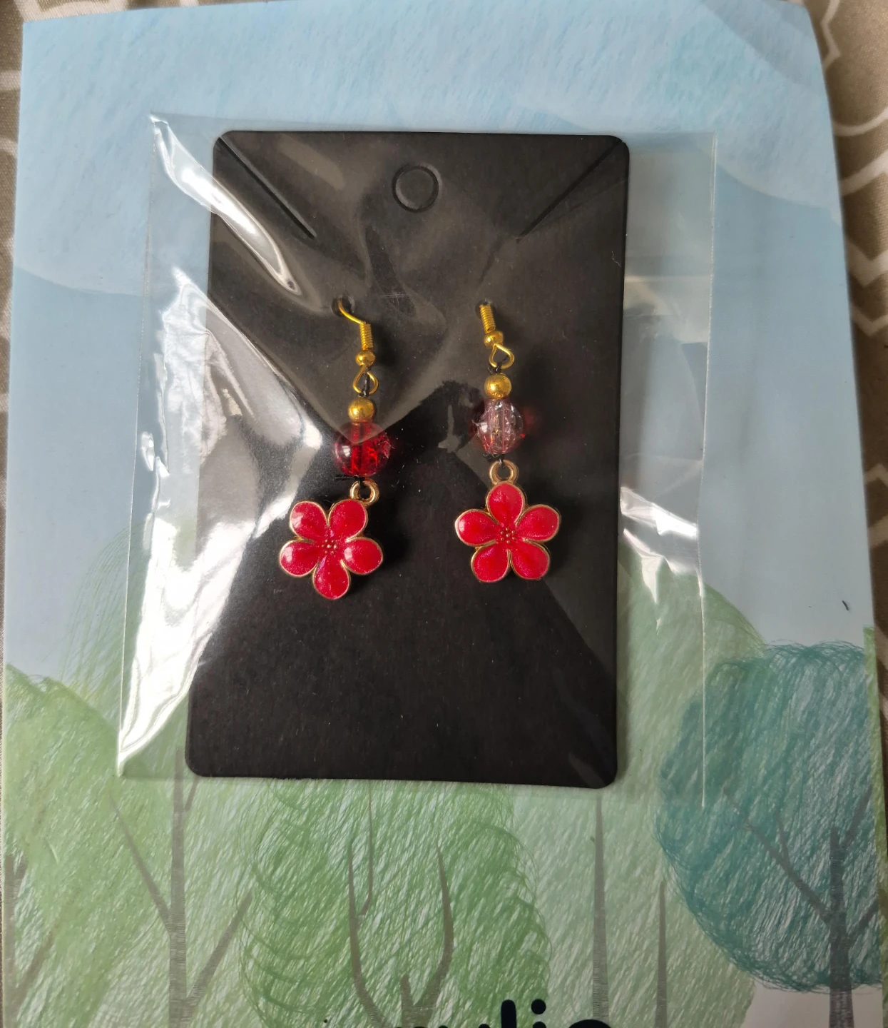 Red Flower Dangle Earrings with Beads