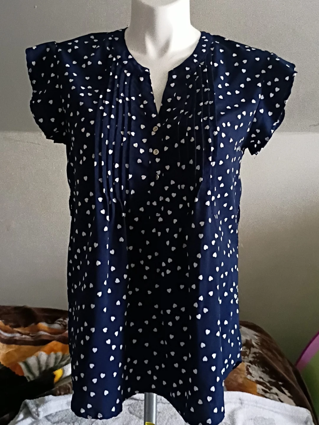 Navy Blue Short Sleeve Blouse with White Hearts