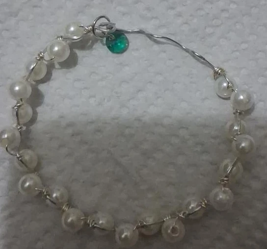 Handmade Pearl Bracelet with Green Charm