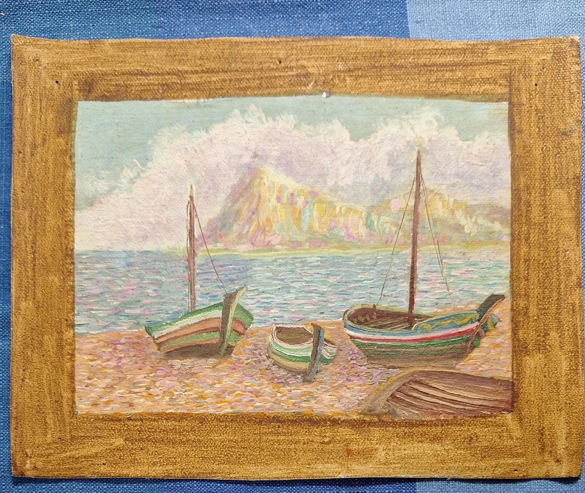 Oil Painting of Boats on Shore
