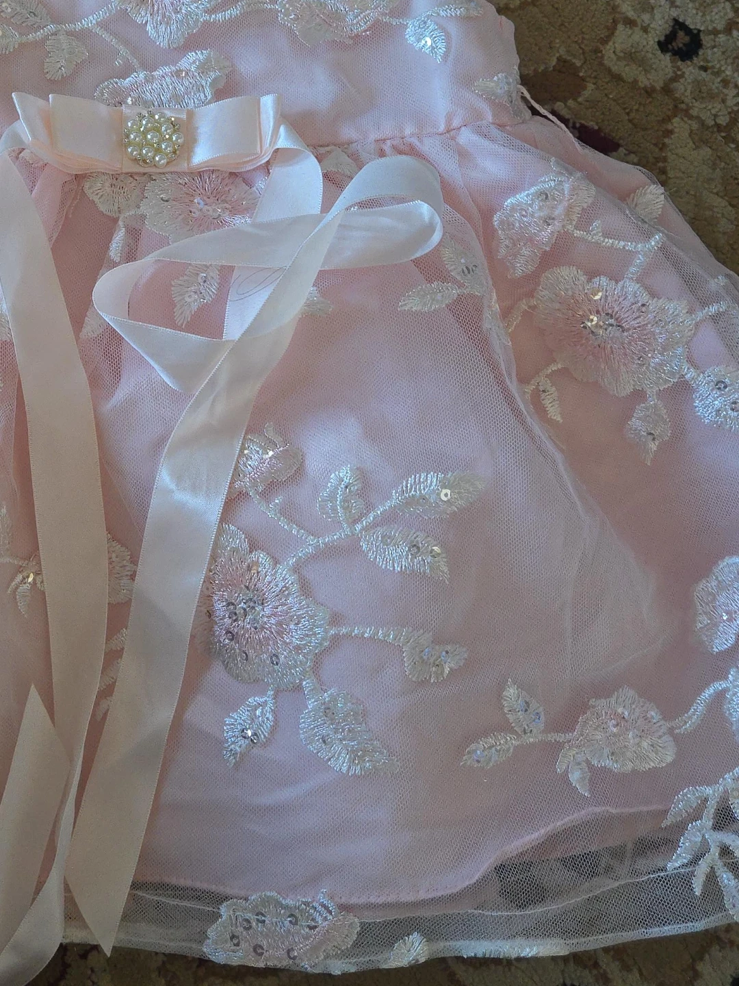 Pink Tulle Dress with Floral Embroidery