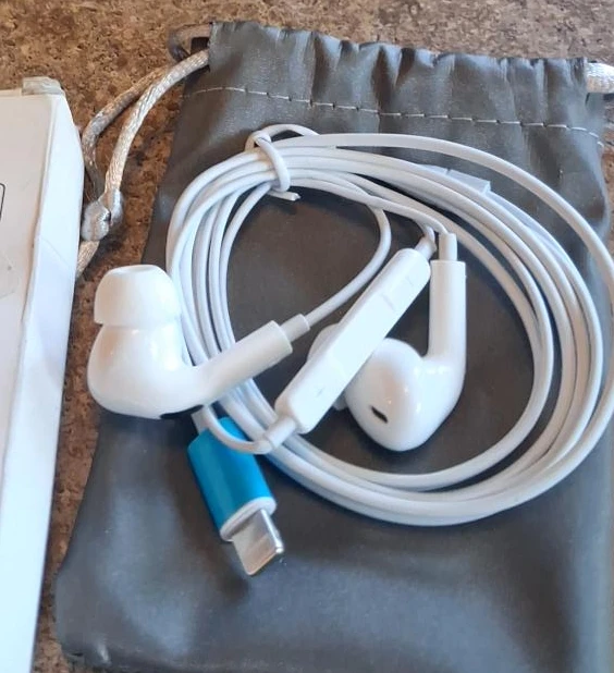 White Earphones with USB-C Adapter and Pouch