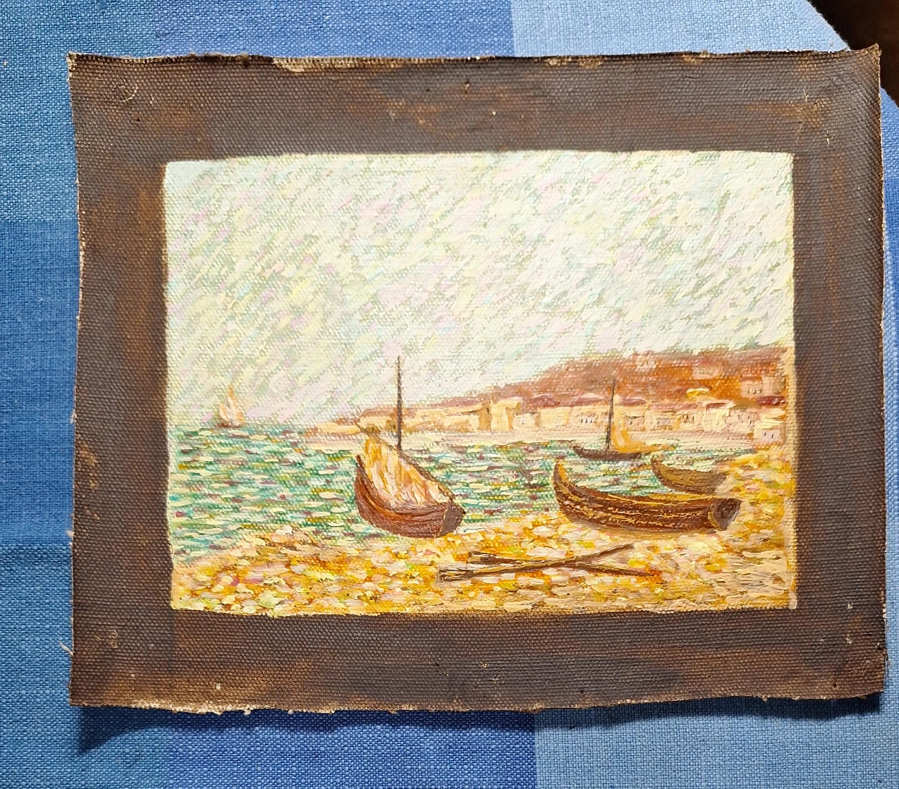 Vintage Seascape Oil Painting - Boats on Shore