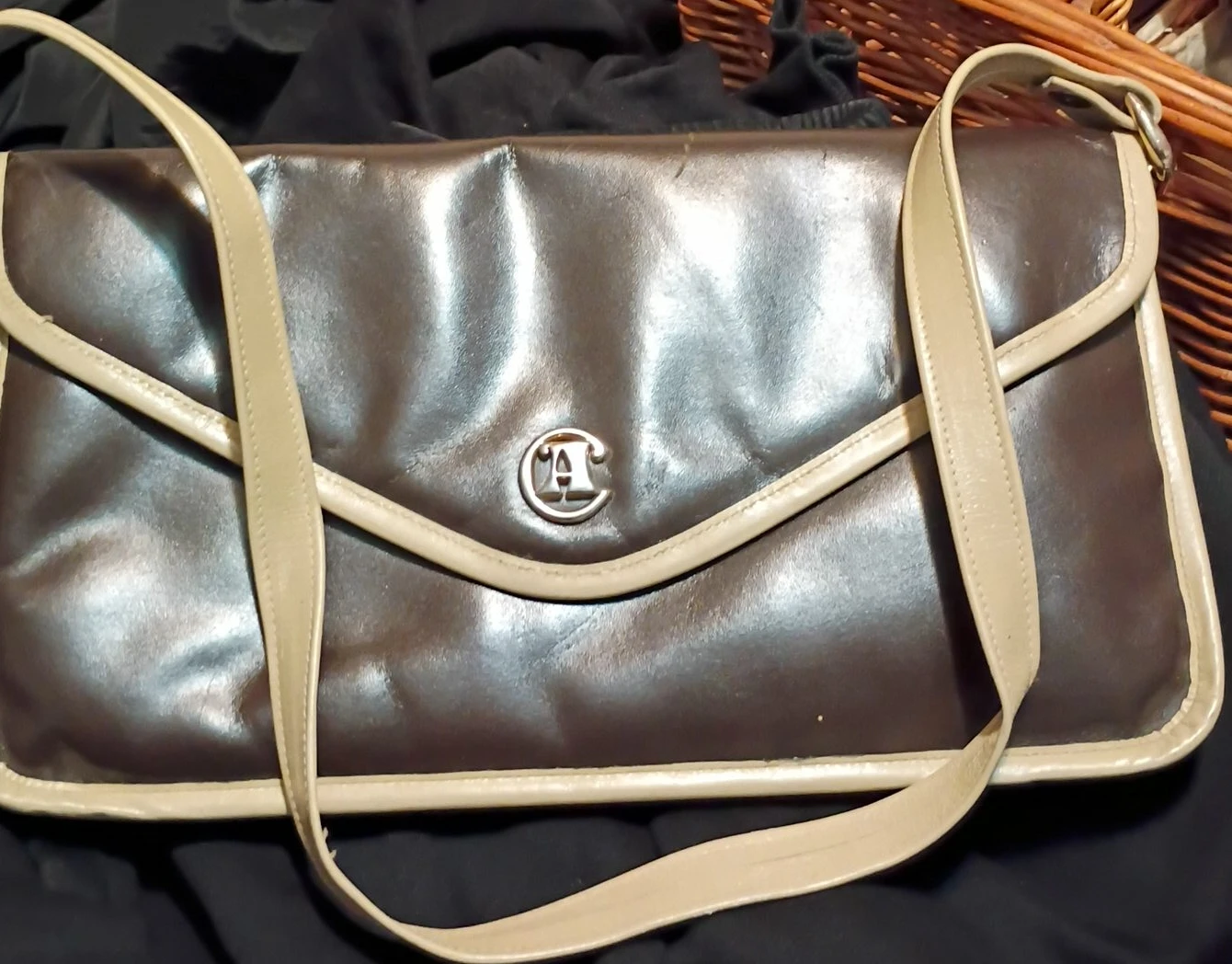 Brown Faux Leather Clutch/Shoulder Bag with Beige Trim