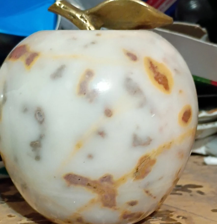 Marble Apple Figurine with Brass Leaf Stem