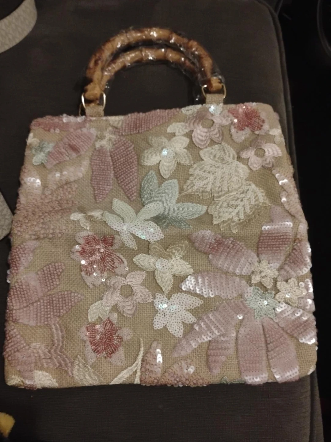 Embellished Floral Handbag with Bamboo Handles