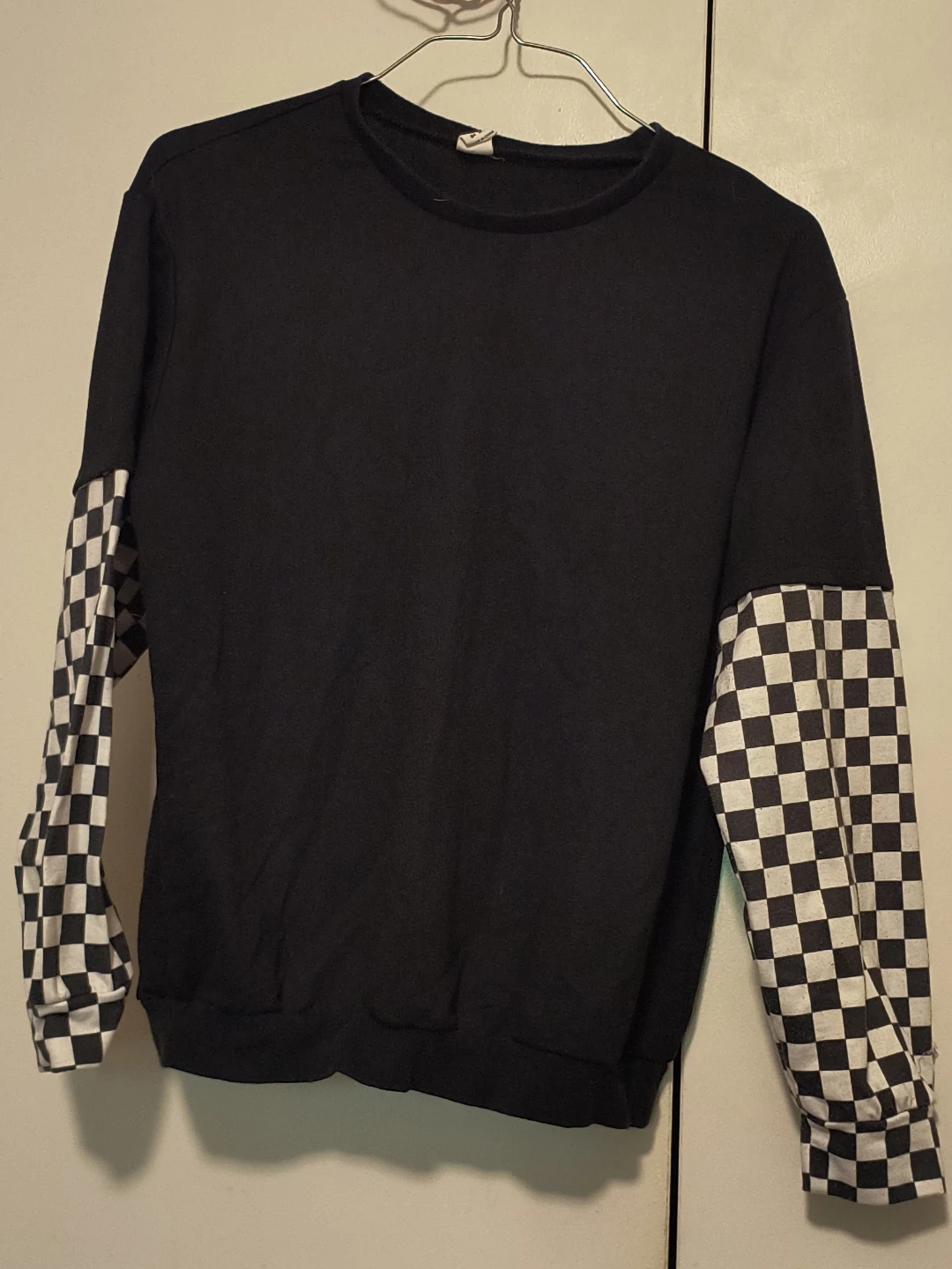 Black Crewneck Sweatshirt with Checkerboard Sleeves (Used)