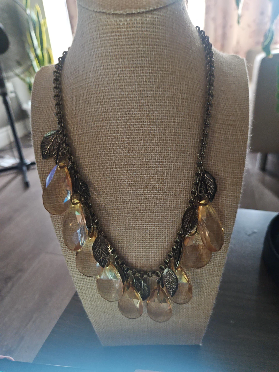 Amber-Tone Crystal Leaf Necklace