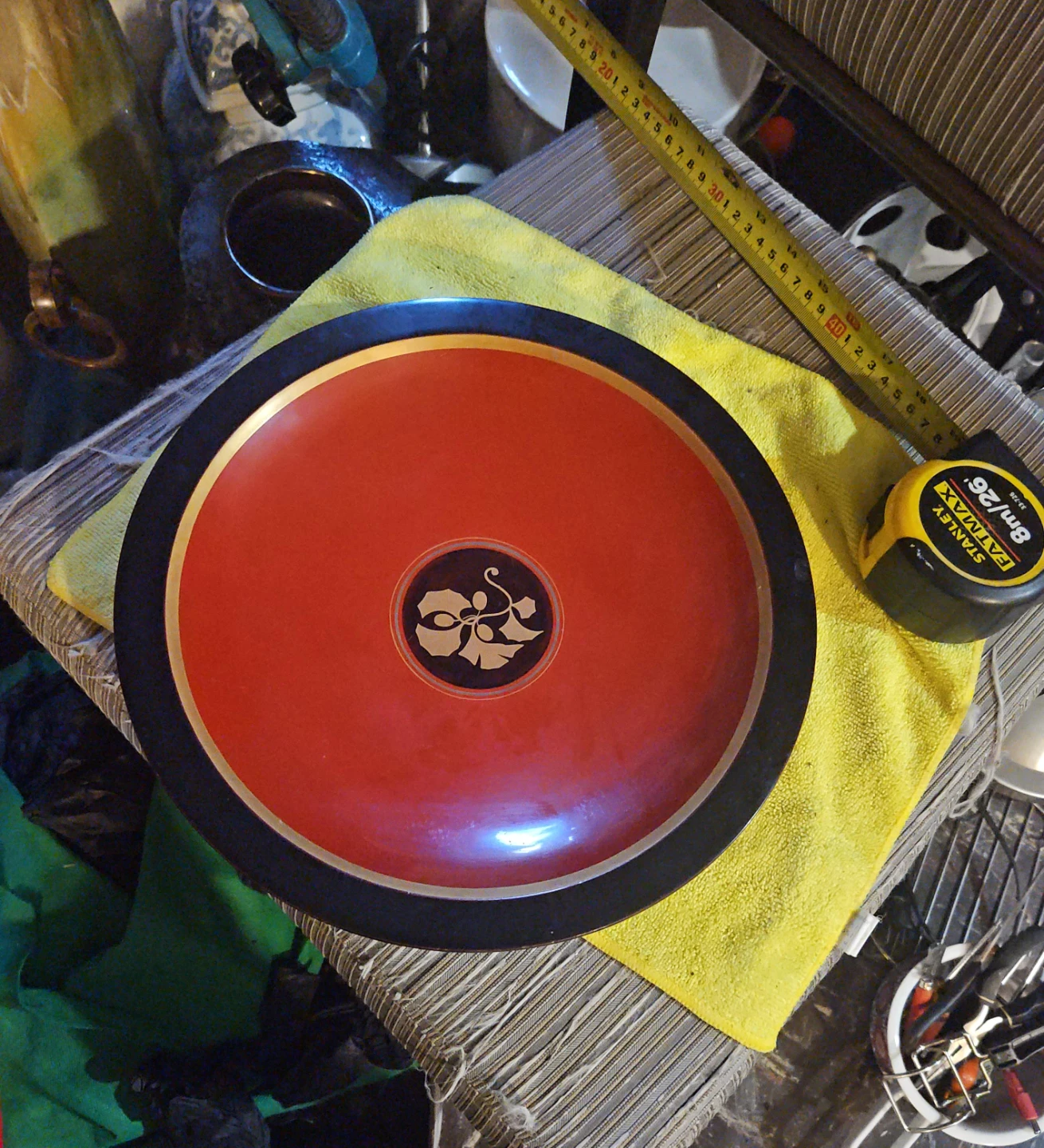 Red and Black Decorative Tray with Floral Emblem