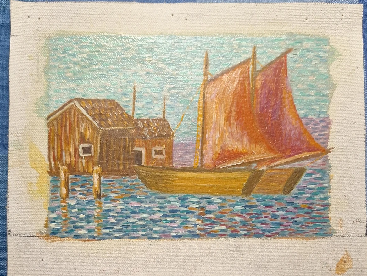 Oil Painting - Sailboats and Boathouse