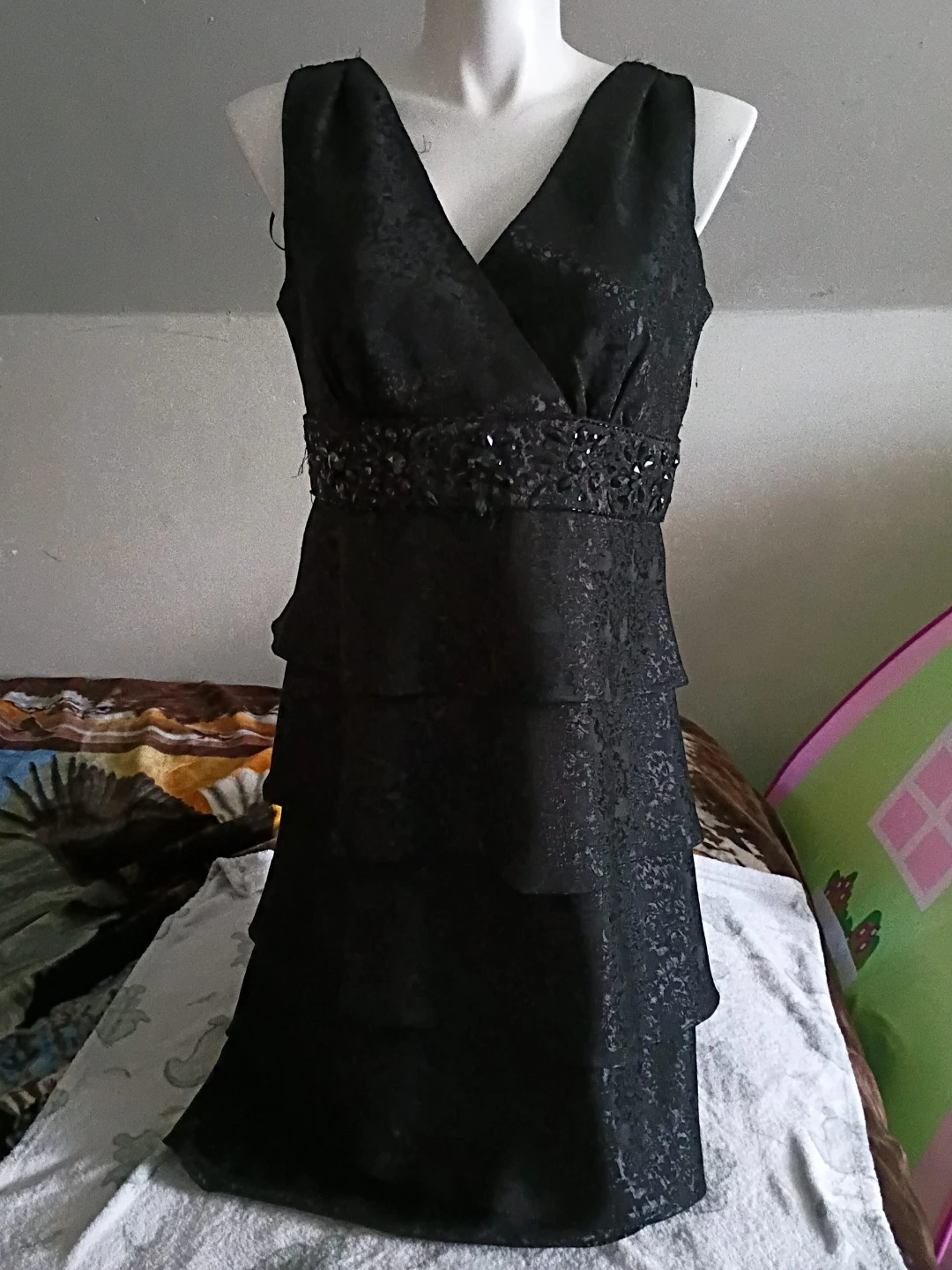 Black Beaded Waist Tiered Dress