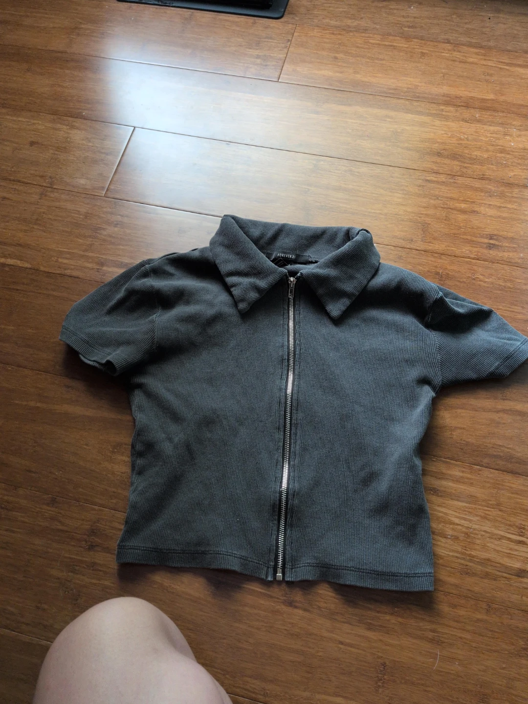 Forever 21 Grey Ribbed Zip-Up Collared Shirt