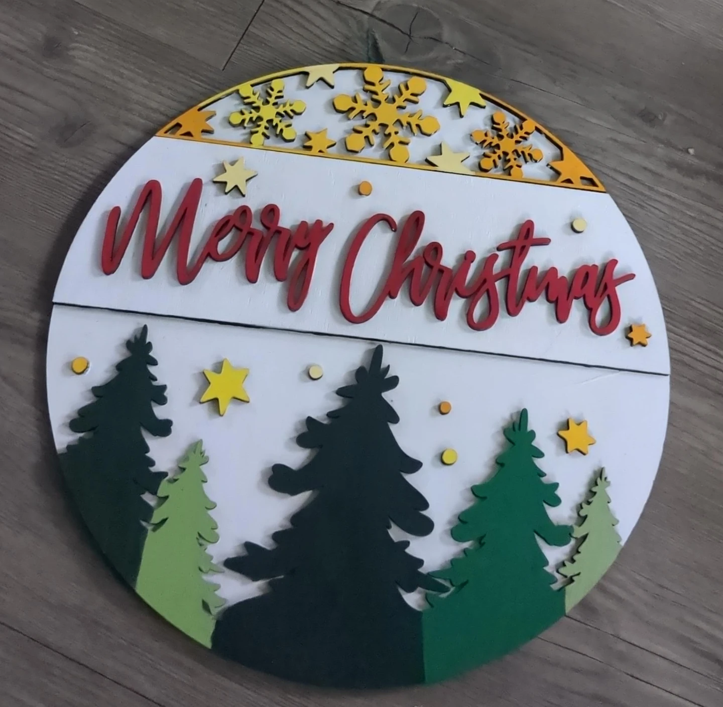 Wooden Merry Christmas Round Sign with Trees and Snowflakes