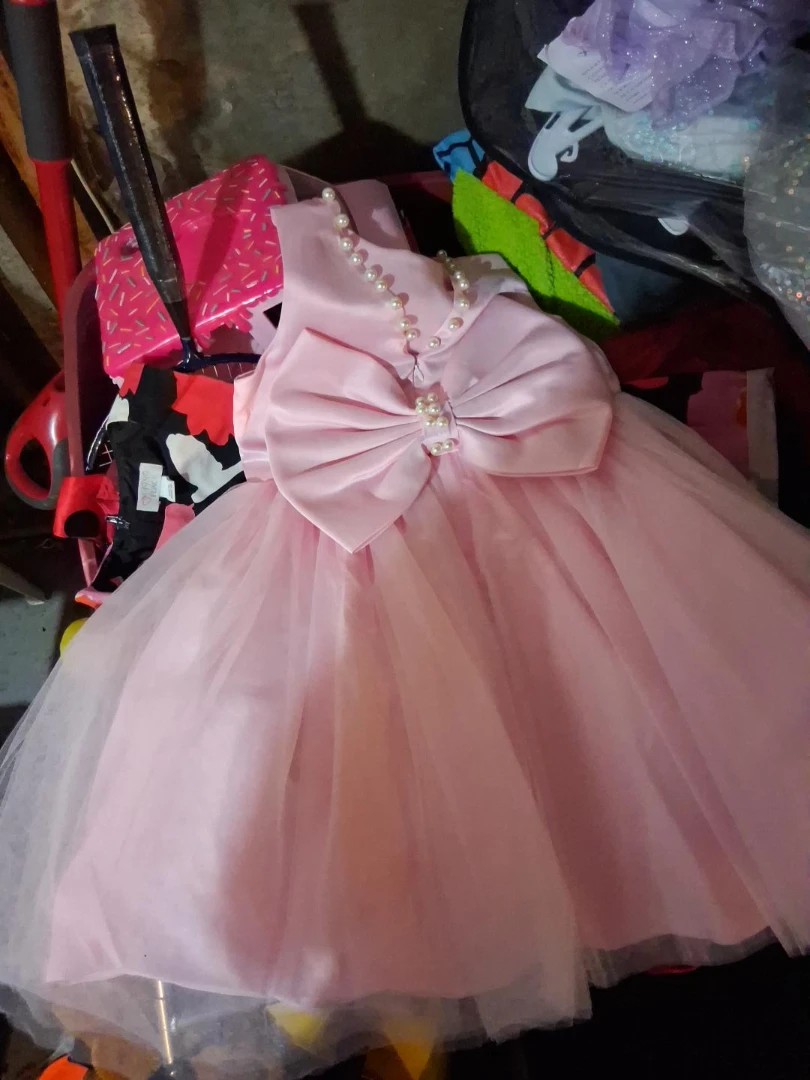 Pink Tulle Dress with Bow and Pearls