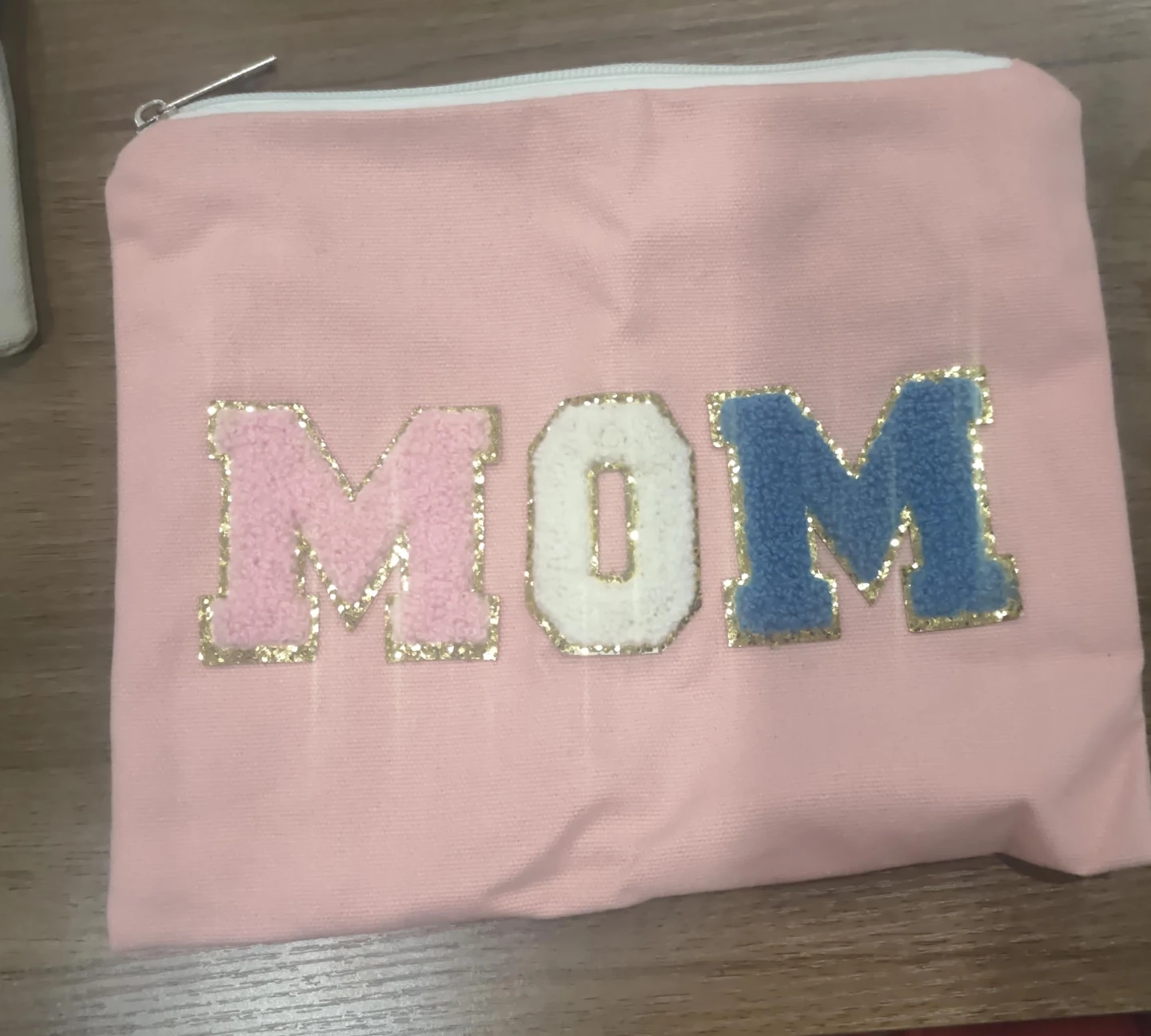 Pink canvas pouch with 'MOM' lettering