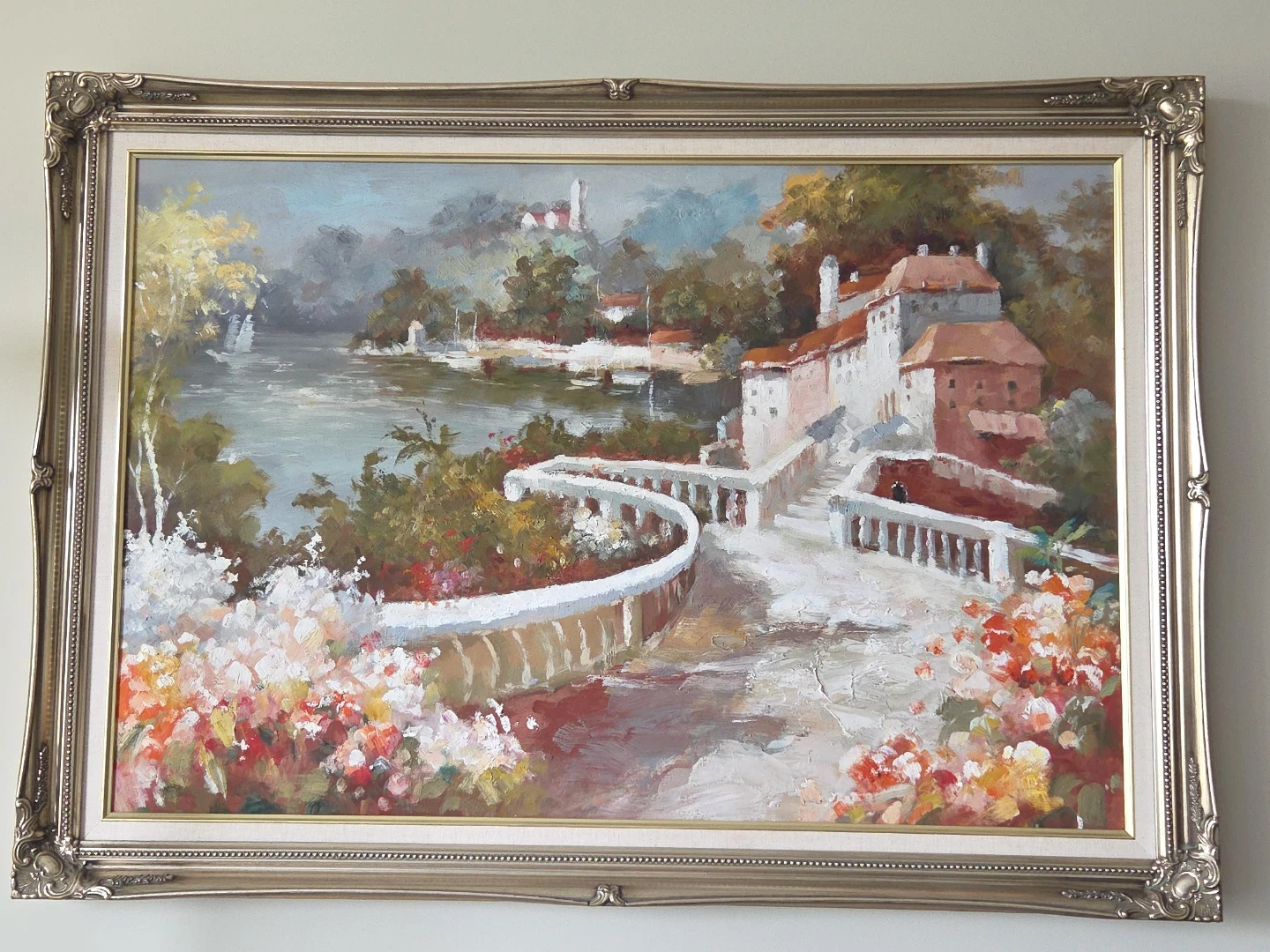 Framed Oil Painting of a European Castle Landscape