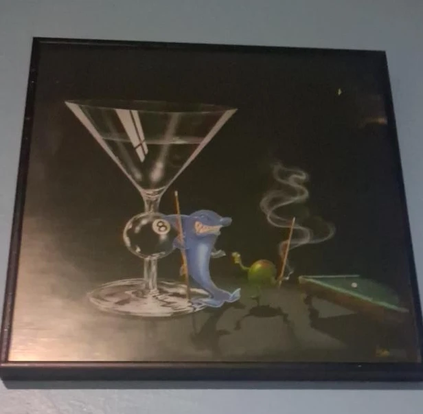 Art Print Martini Glass Dolphin and Pool Table Scene