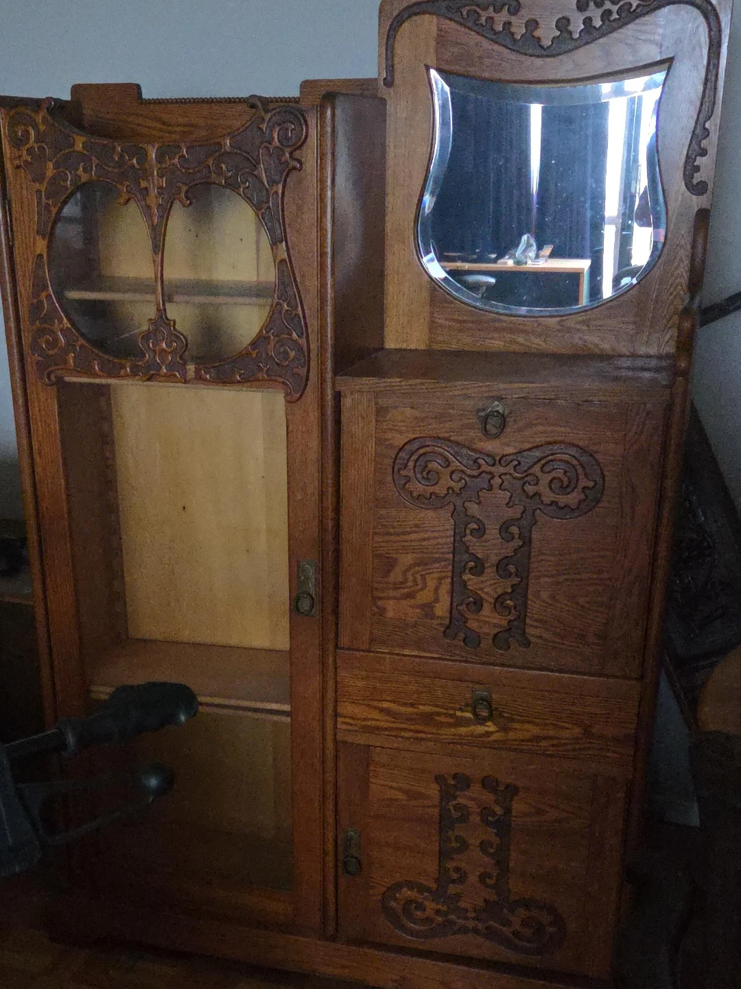 Antique Oak China Cabinet with Mirror