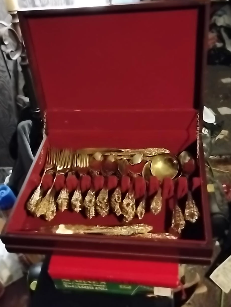 Ornate Gold-Tone Flatware Set in Red Lined Case